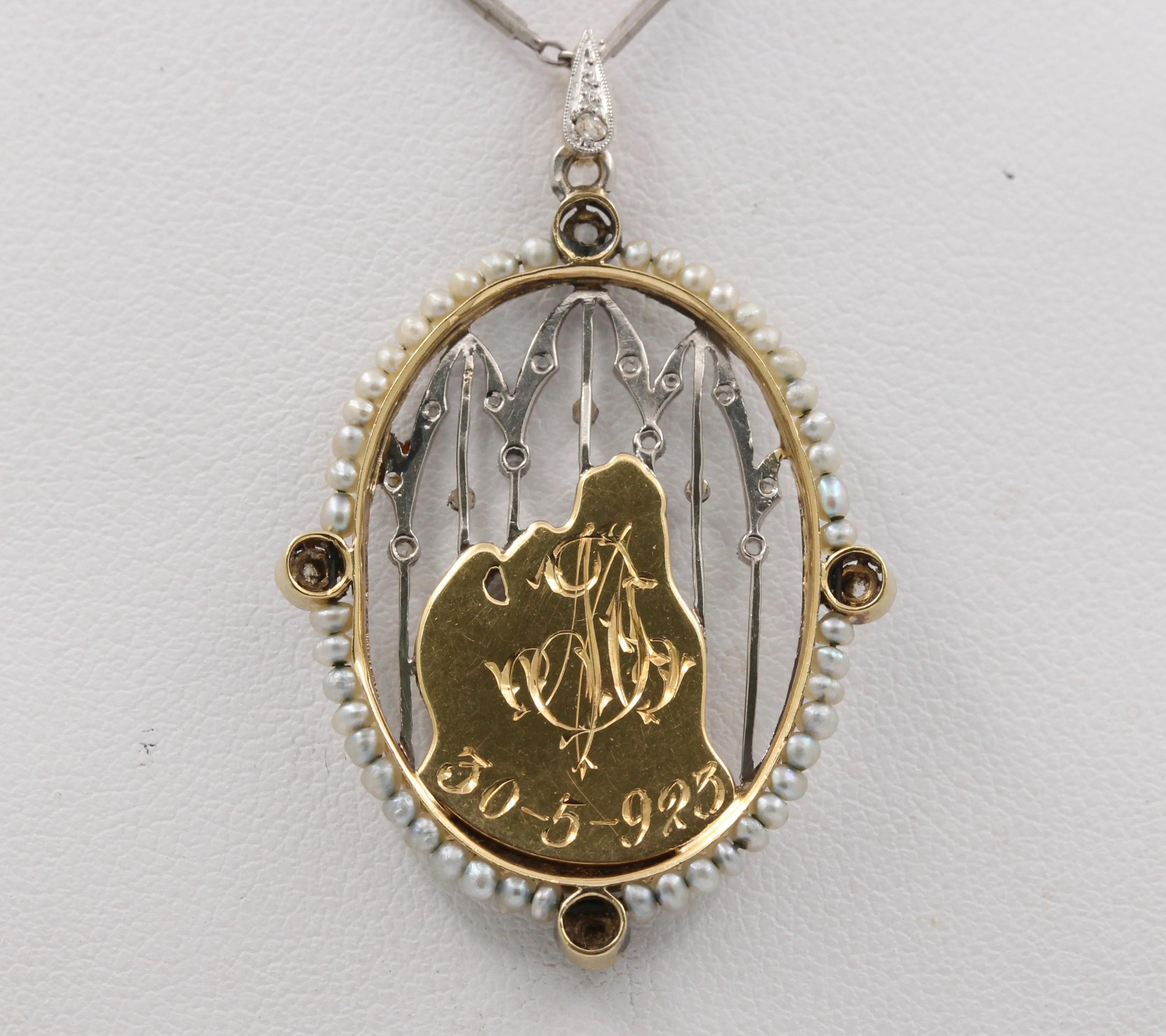 Art Deco Platinum 18K Gold, Diamond, Mother-of-Pearl Mother and Child Pendant, Necklace