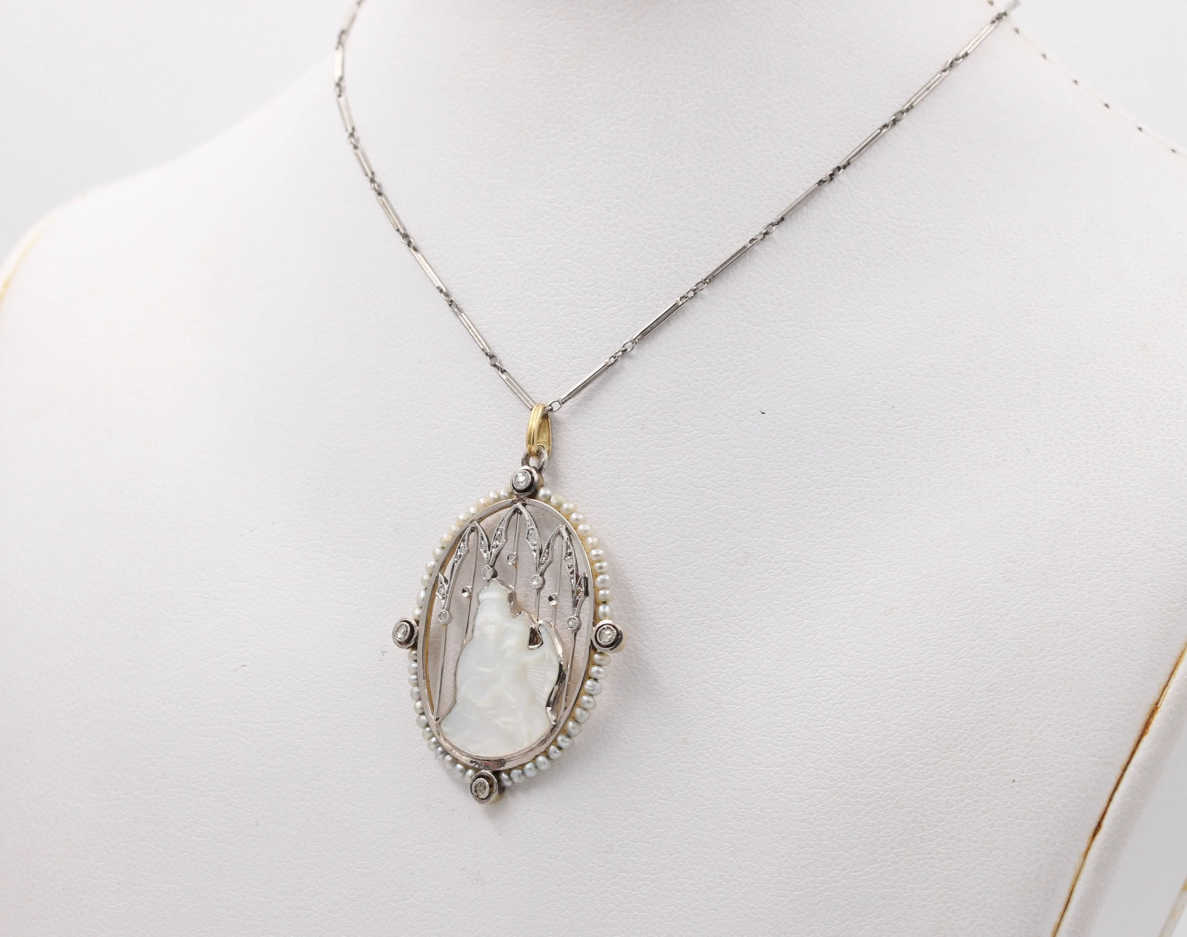 Art Deco Platinum 18K Gold, Diamond, Mother-of-Pearl Mother and Child Pendant, Necklace