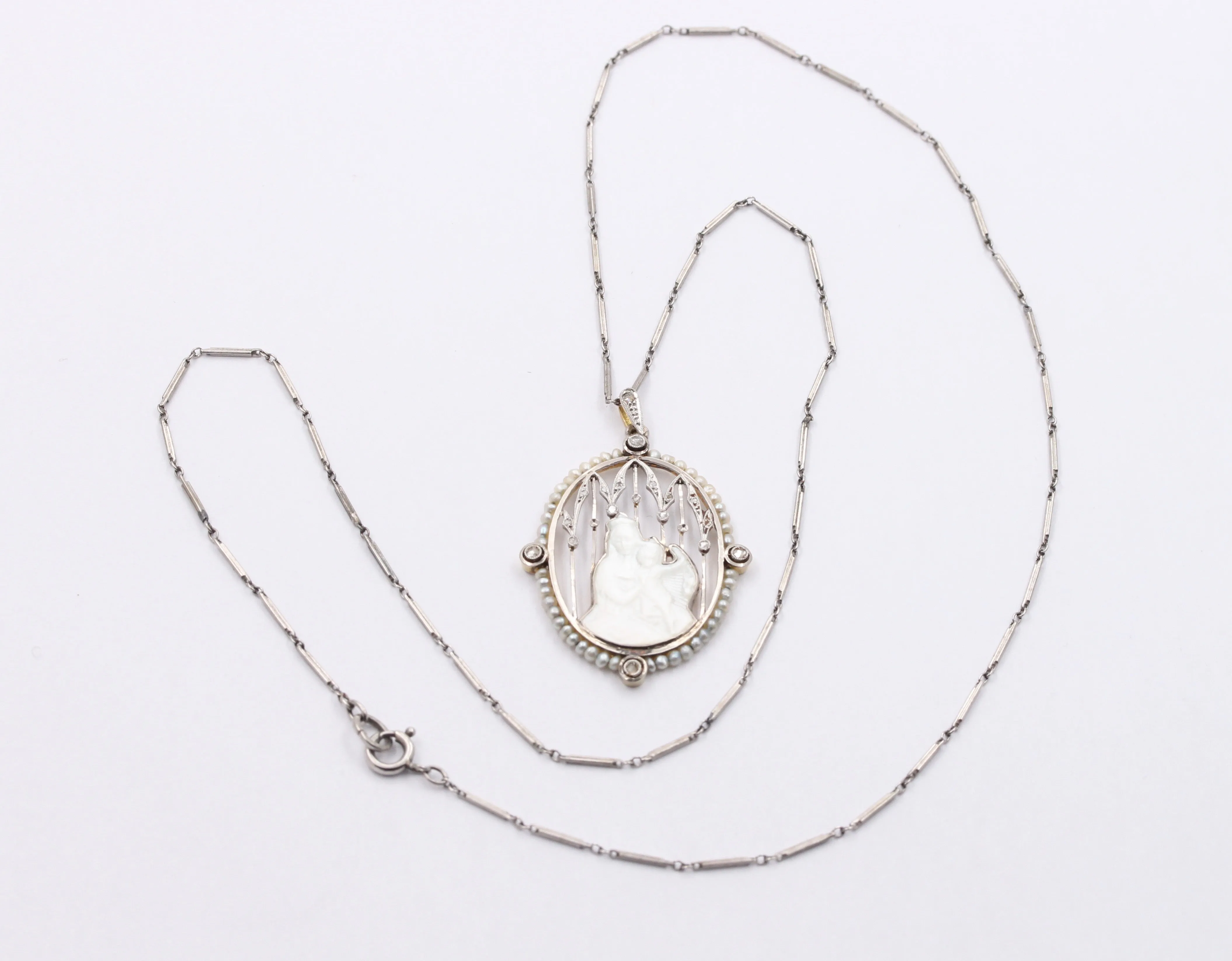 Art Deco Platinum 18K Gold, Diamond, Mother-of-Pearl Mother and Child Pendant, Necklace