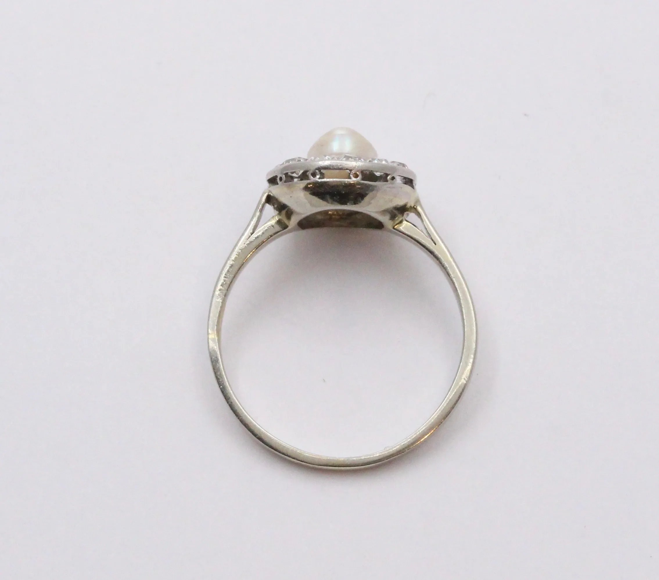 Art Deco Platinum and 14K Gold Pearl and Diamond Halo Ring