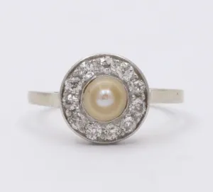 Art Deco Platinum and 14K Gold Pearl and Diamond Halo Ring
