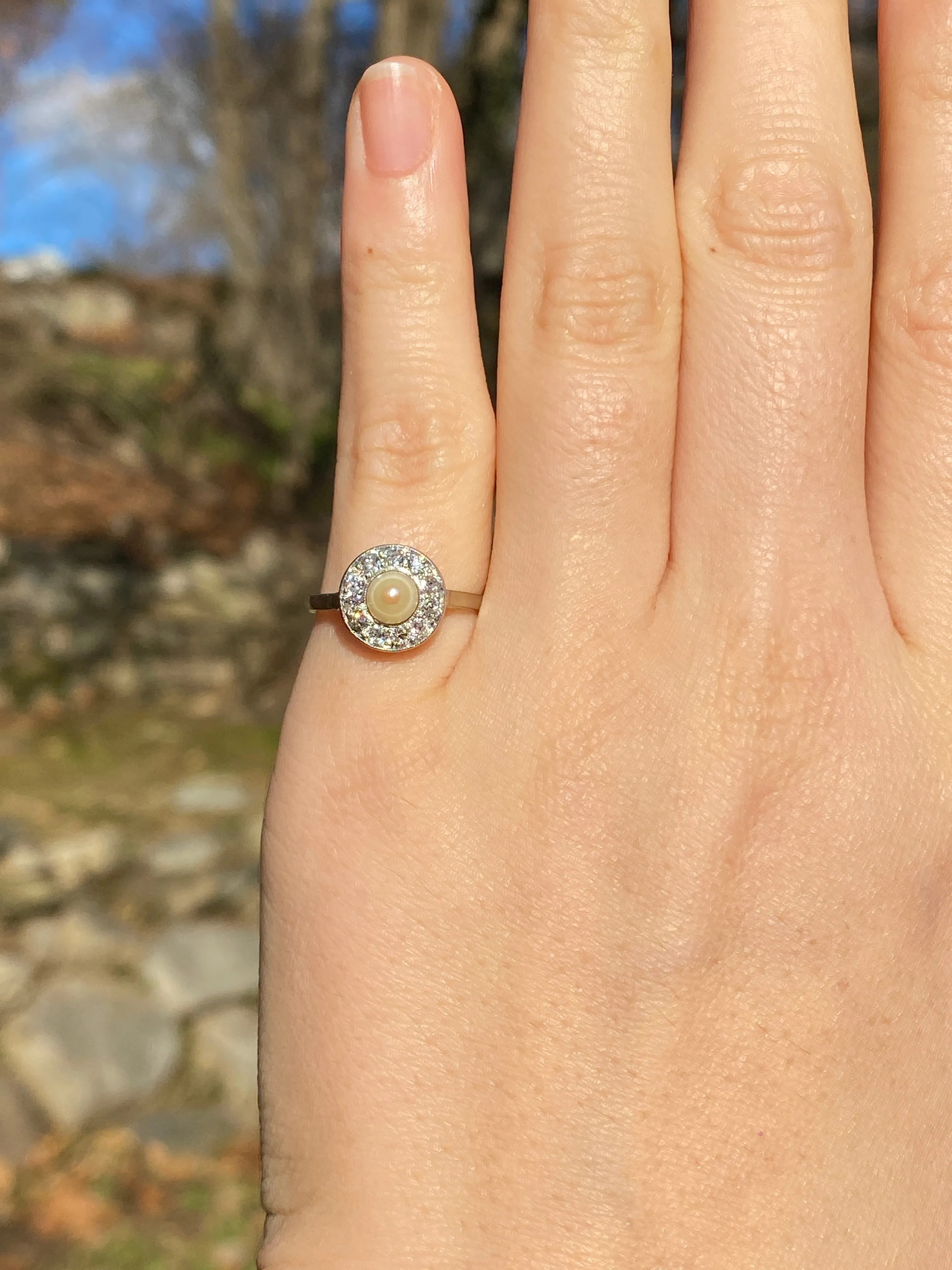 Art Deco Platinum and 14K Gold Pearl and Diamond Halo Ring