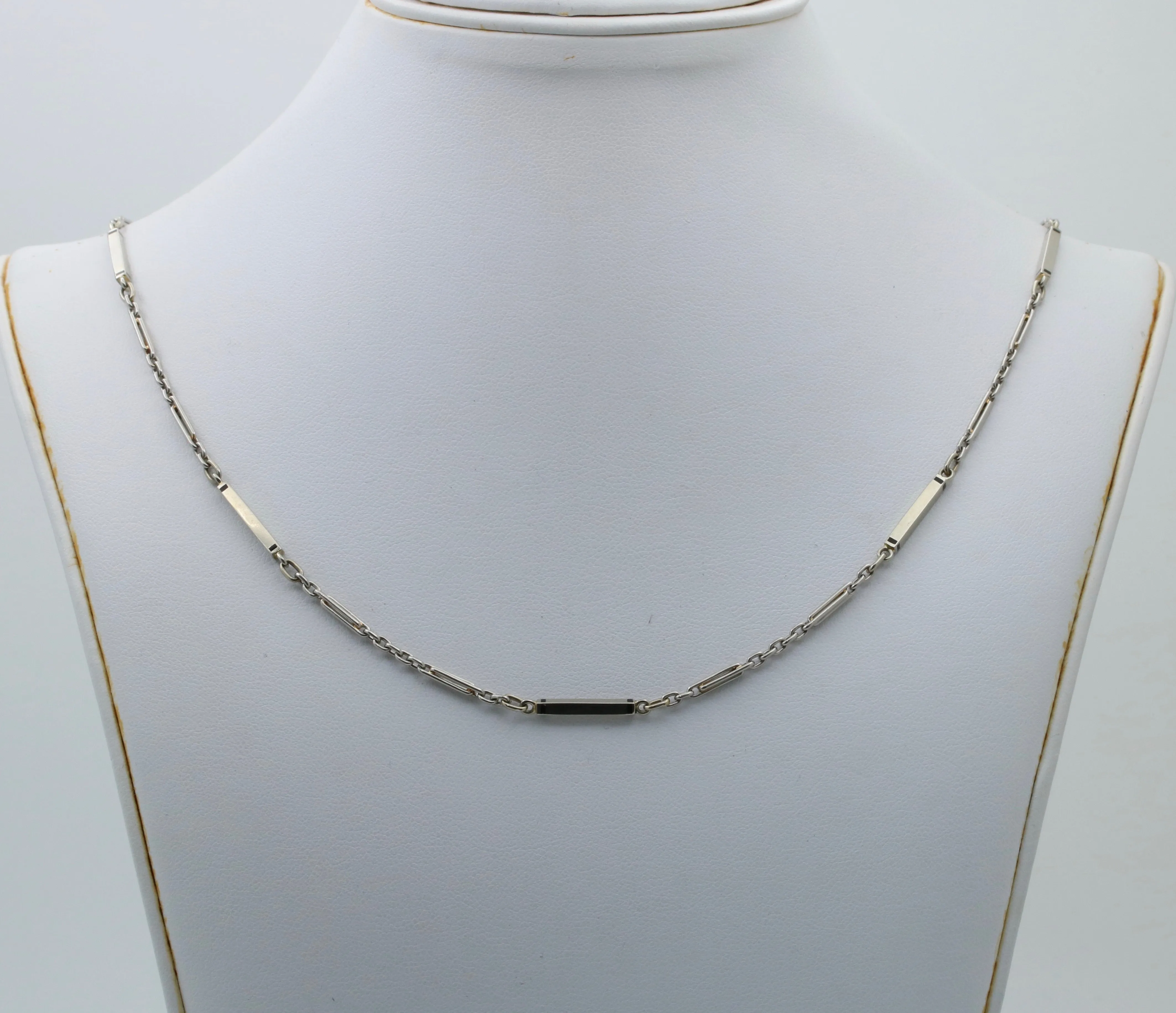 Art Deco Platinum Enamel Bar Link Chain, 27.5” Long