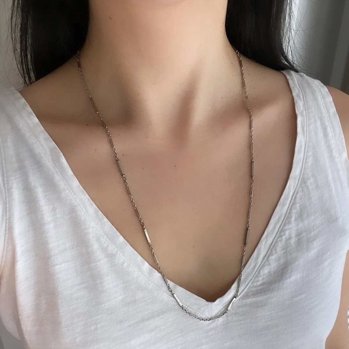 Art Deco Platinum Enamel Bar Link Chain, 27.5” Long