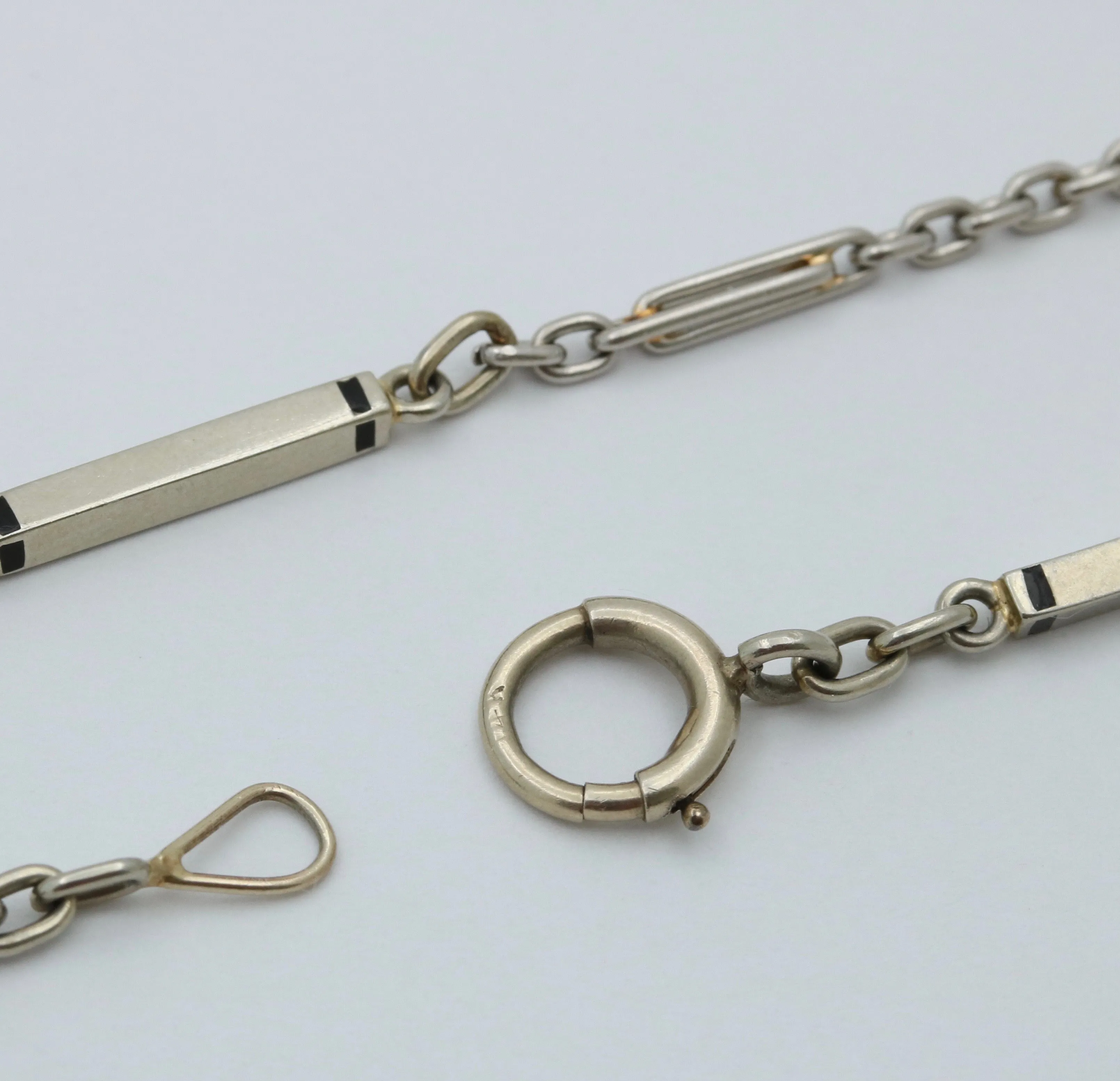 Art Deco Platinum Enamel Bar Link Chain, 27.5” Long