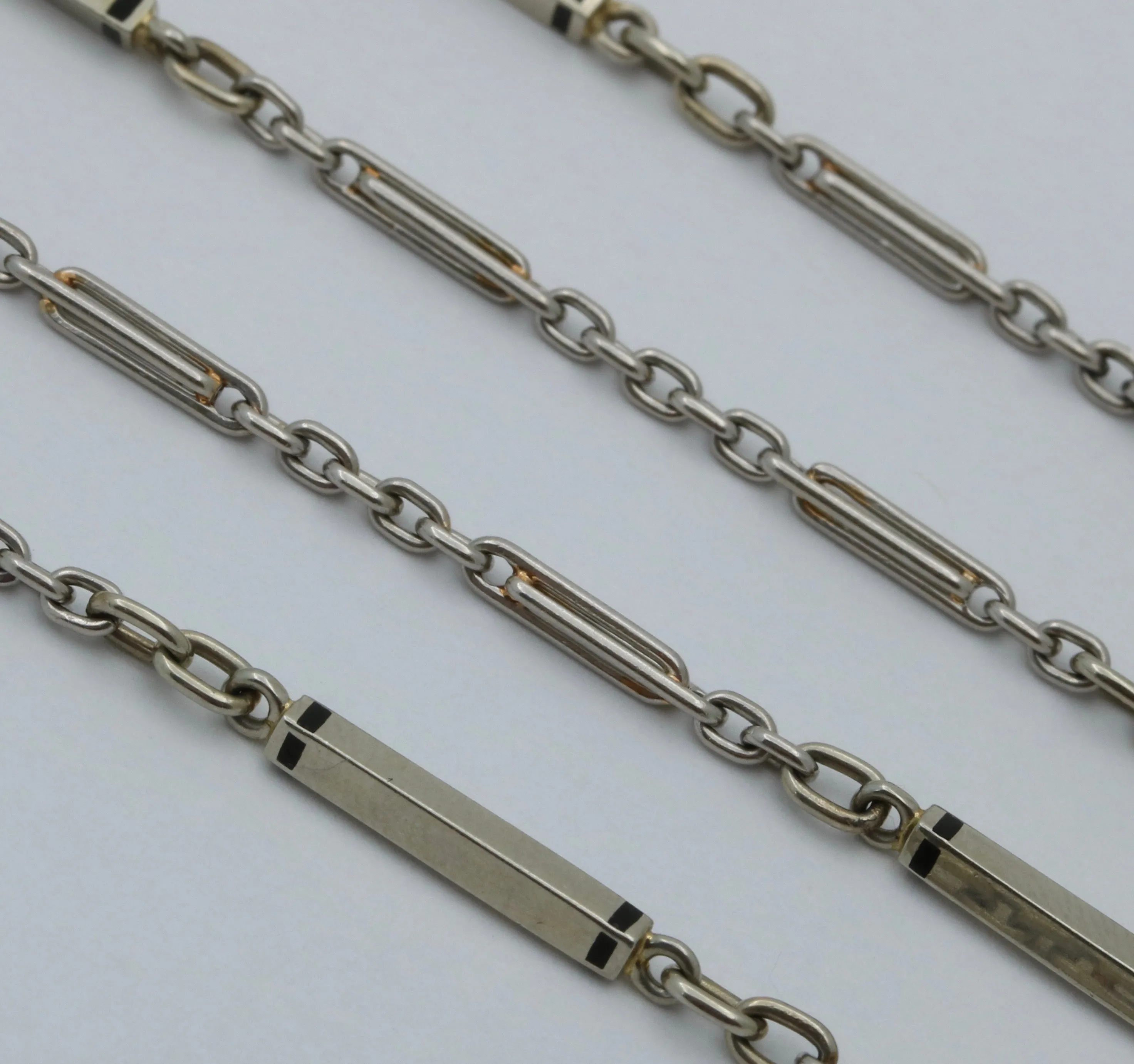 Art Deco Platinum Enamel Bar Link Chain, 27.5” Long