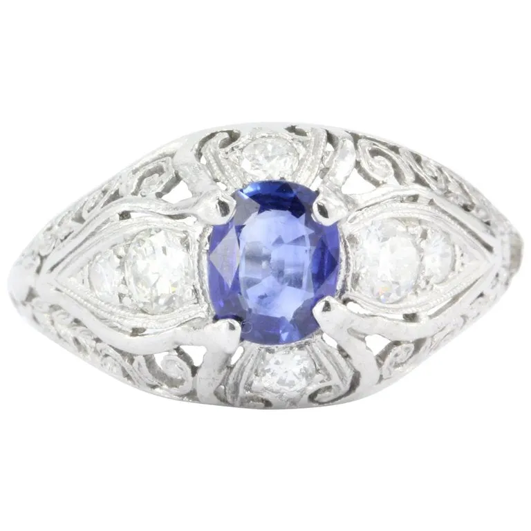 Art Deco Platinum Natural Sapphire & Old European Cut Diamond Ring c. 1920's