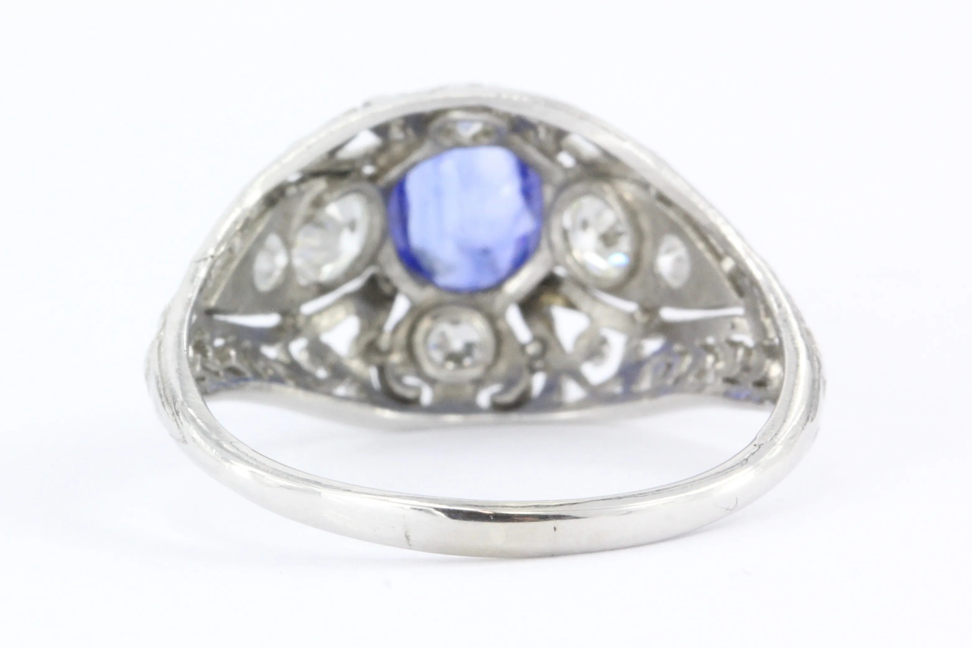 Art Deco Platinum Natural Sapphire & Old European Cut Diamond Ring c. 1920's