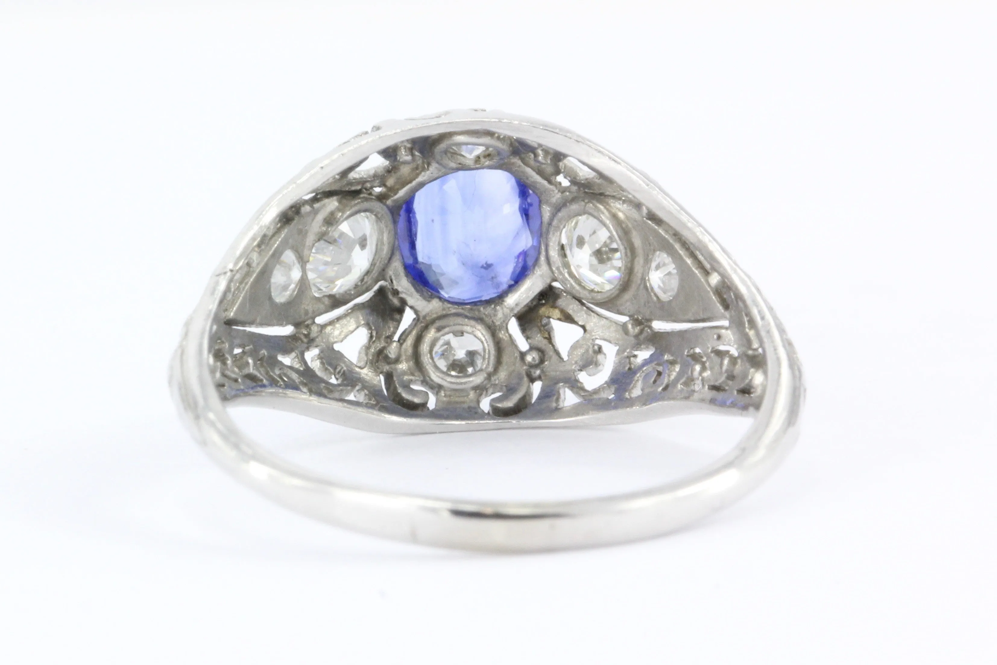 Art Deco Platinum Natural Sapphire & Old European Cut Diamond Ring c. 1920's