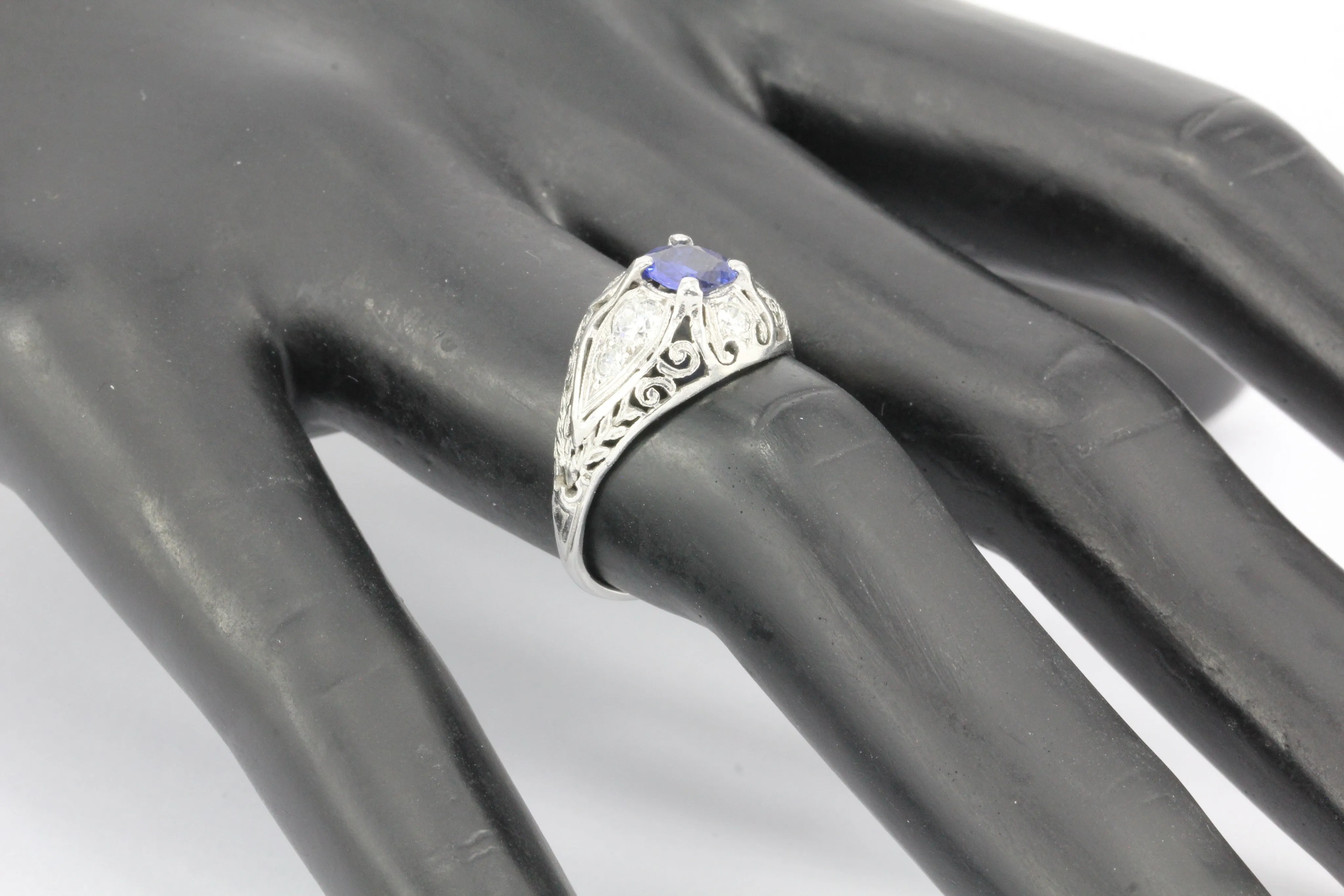 Art Deco Platinum Natural Sapphire & Old European Cut Diamond Ring c. 1920's