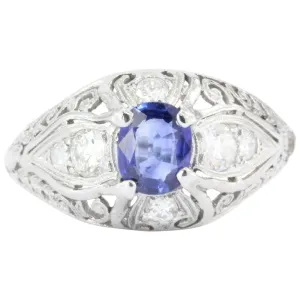 Art Deco Platinum Natural Sapphire & Old European Cut Diamond Ring c. 1920's