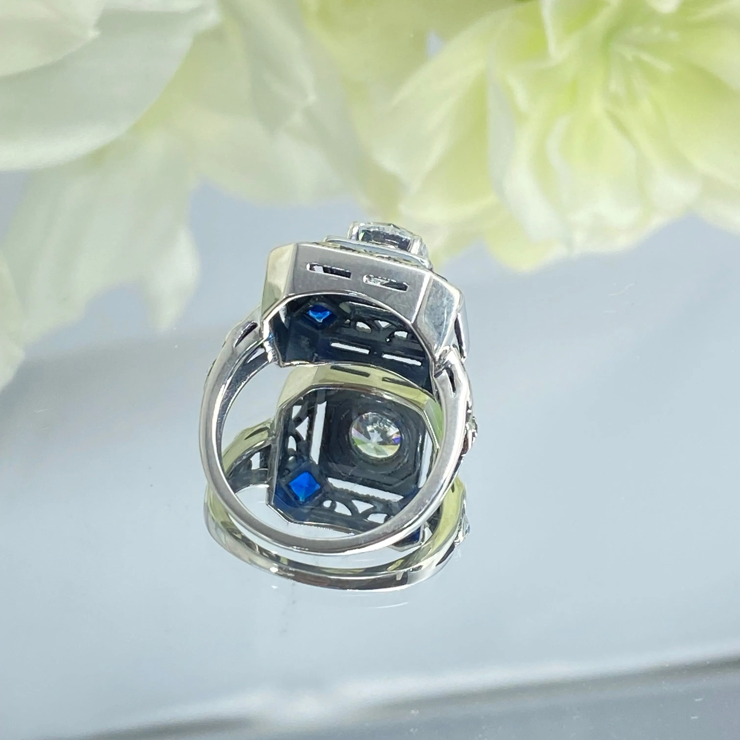 Art Deco Ring, Blue Sapphire Vintage Revival Jewelry #D68