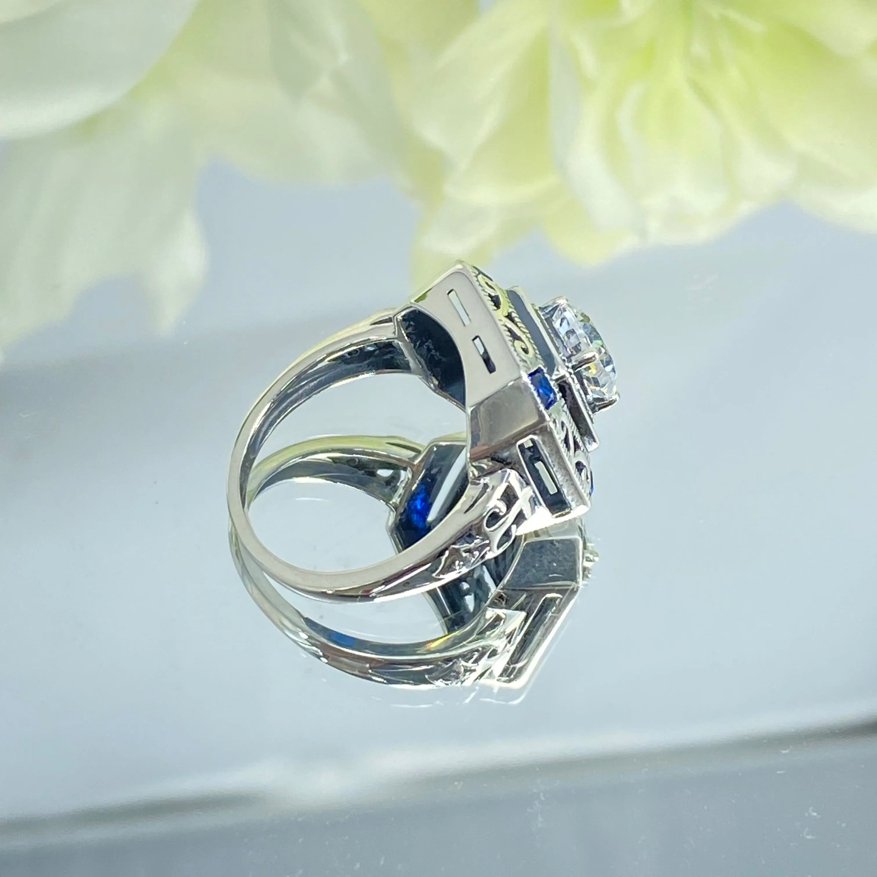 Art Deco Ring, Blue Sapphire Vintage Revival Jewelry #D68