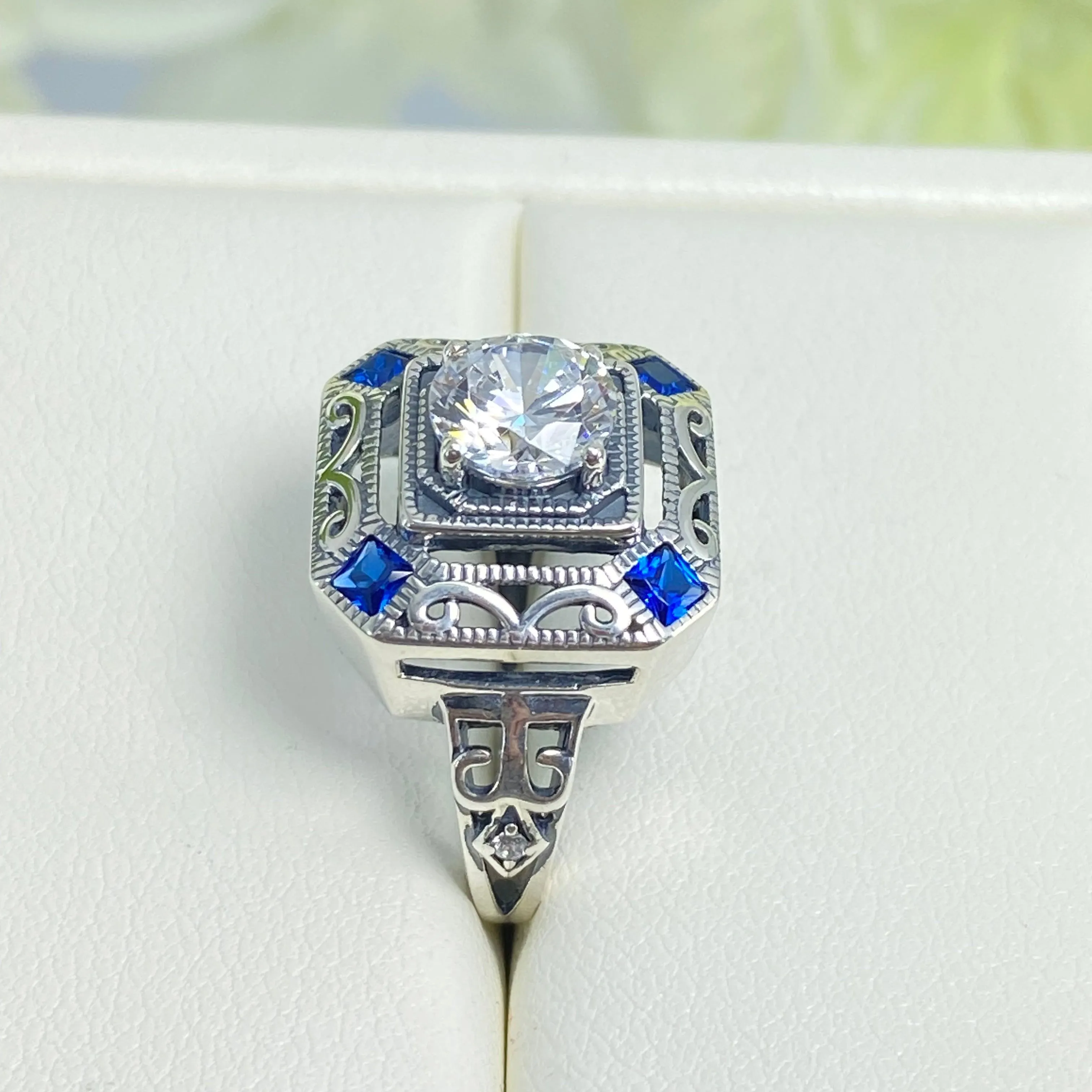Art Deco Ring, Blue Sapphire Vintage Revival Jewelry #D68