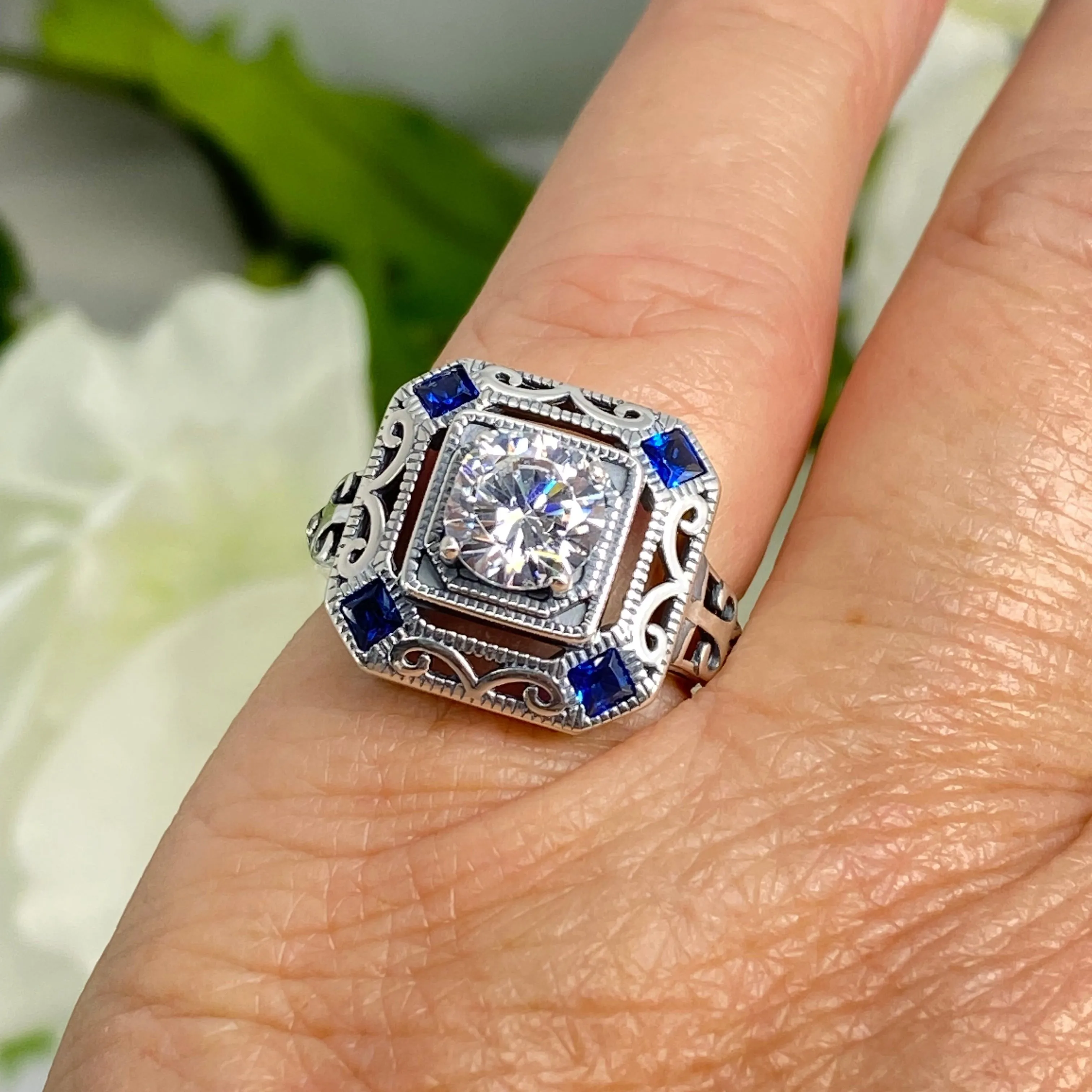 Art Deco Ring, Blue Sapphire Vintage Revival Jewelry #D68