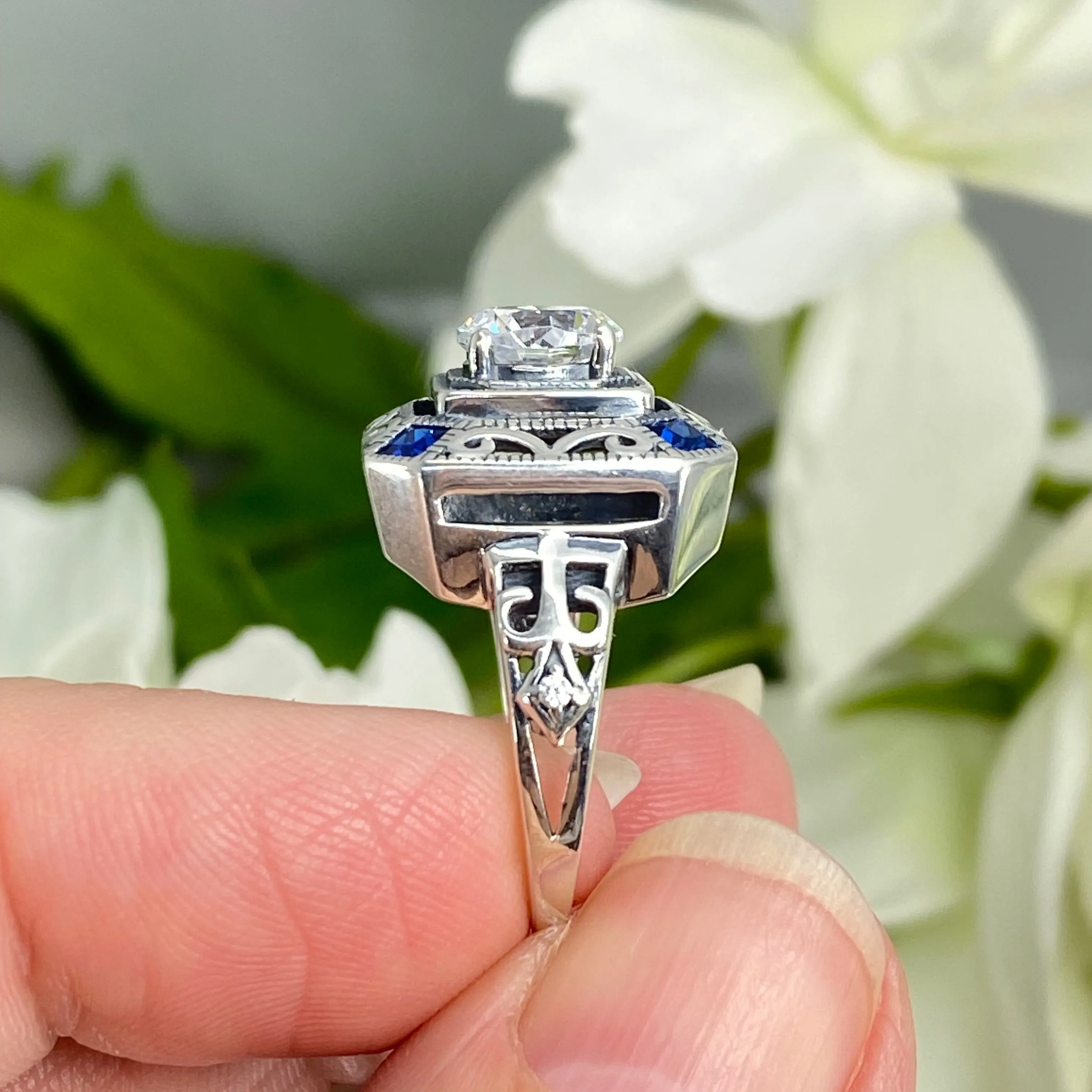 Art Deco Ring, Blue Sapphire Vintage Revival Jewelry #D68