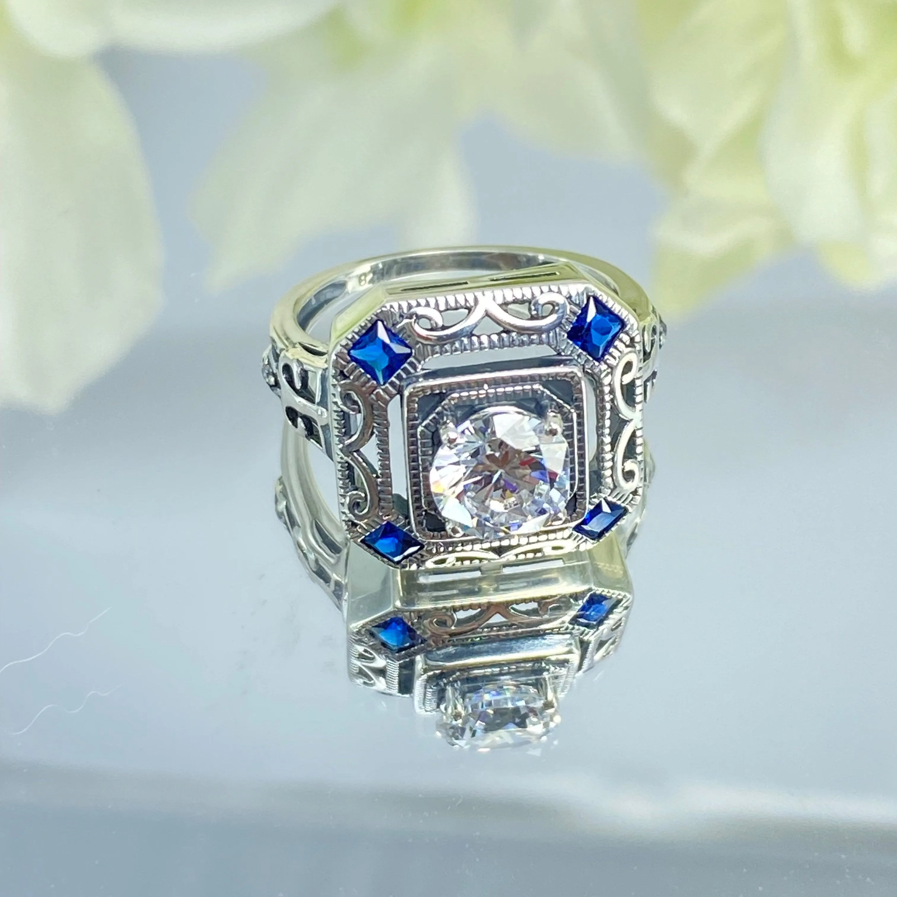Art Deco Ring, Blue Sapphire Vintage Revival Jewelry #D68