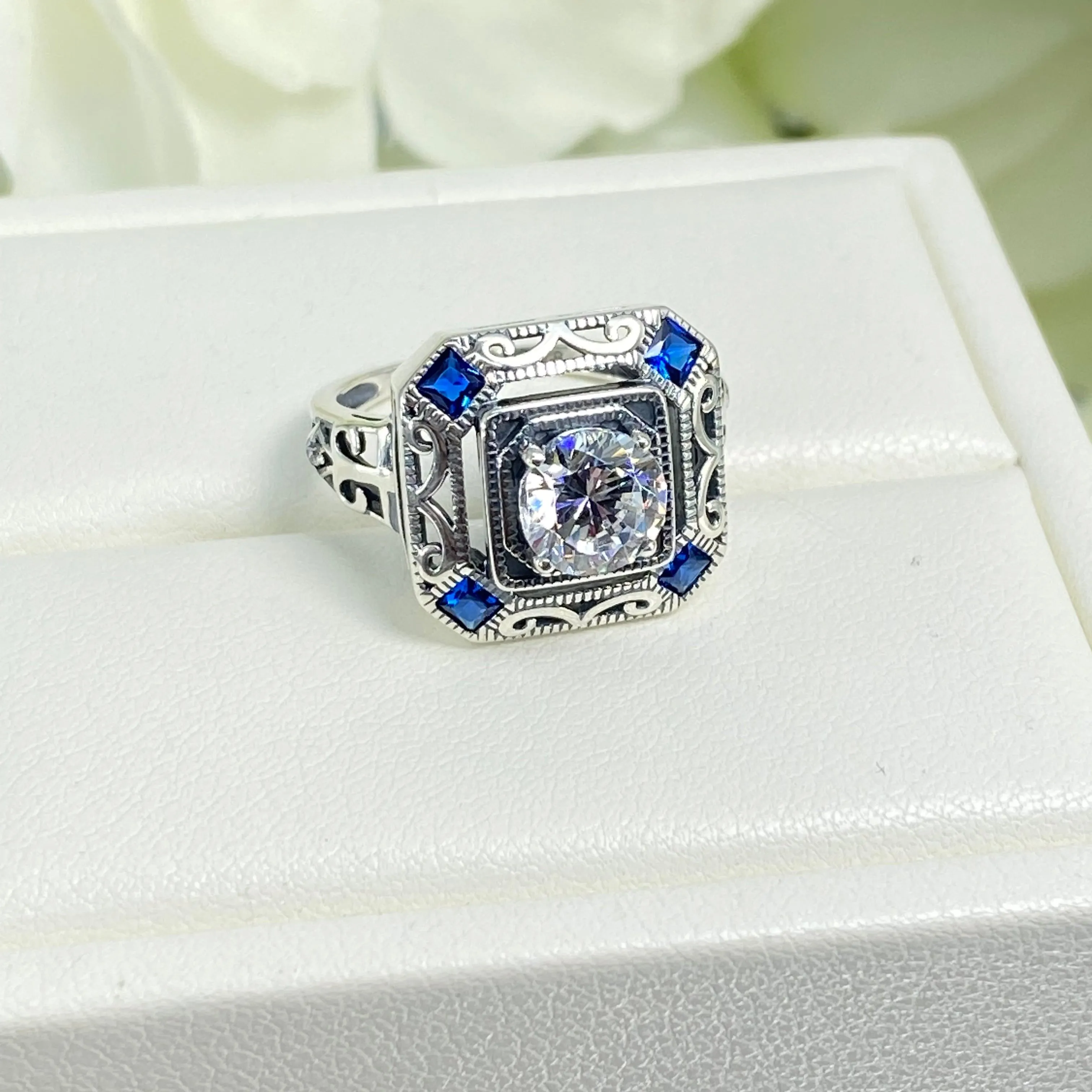 Art Deco Ring, Blue Sapphire Vintage Revival Jewelry #D68