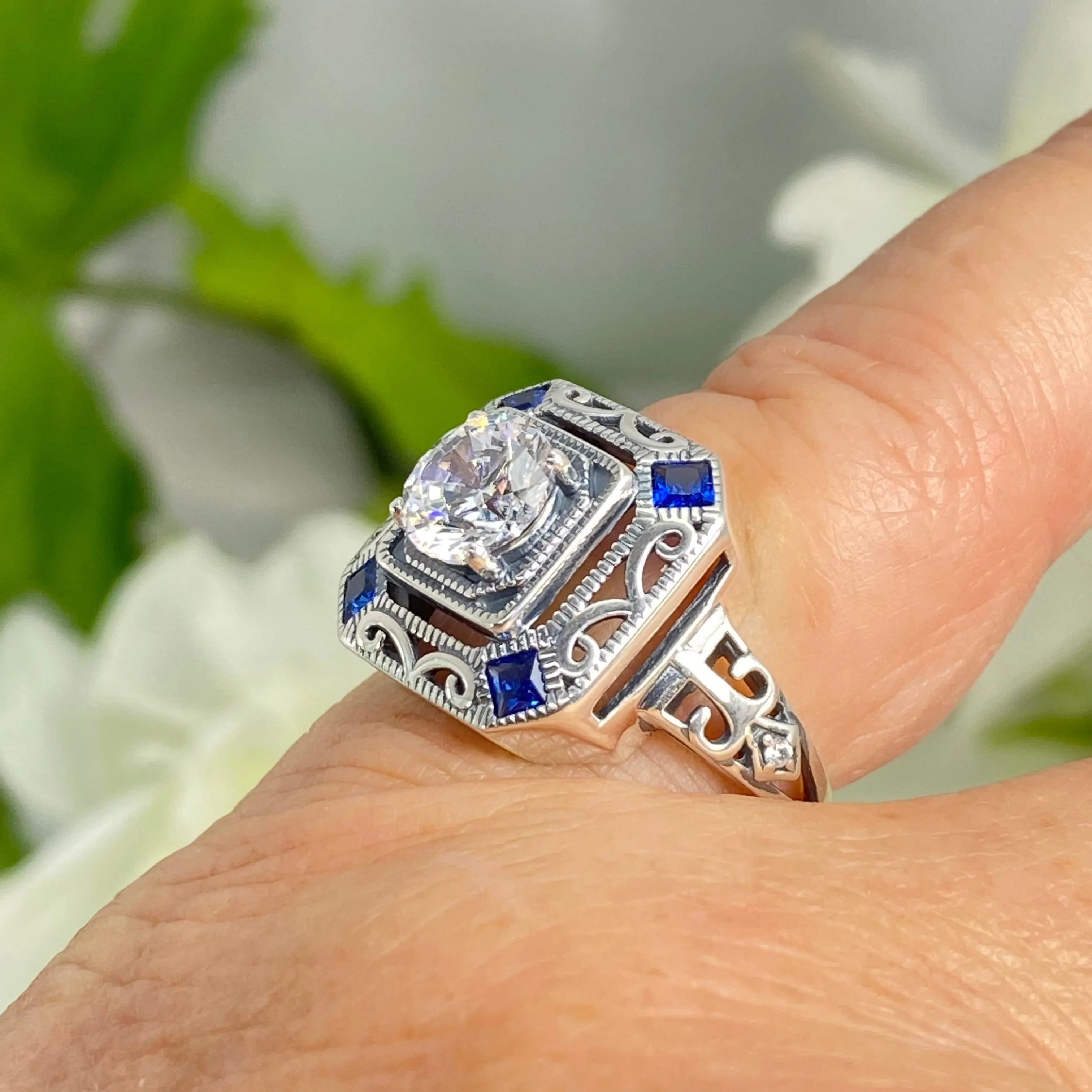Art Deco Ring, Blue Sapphire Vintage Revival Jewelry #D68