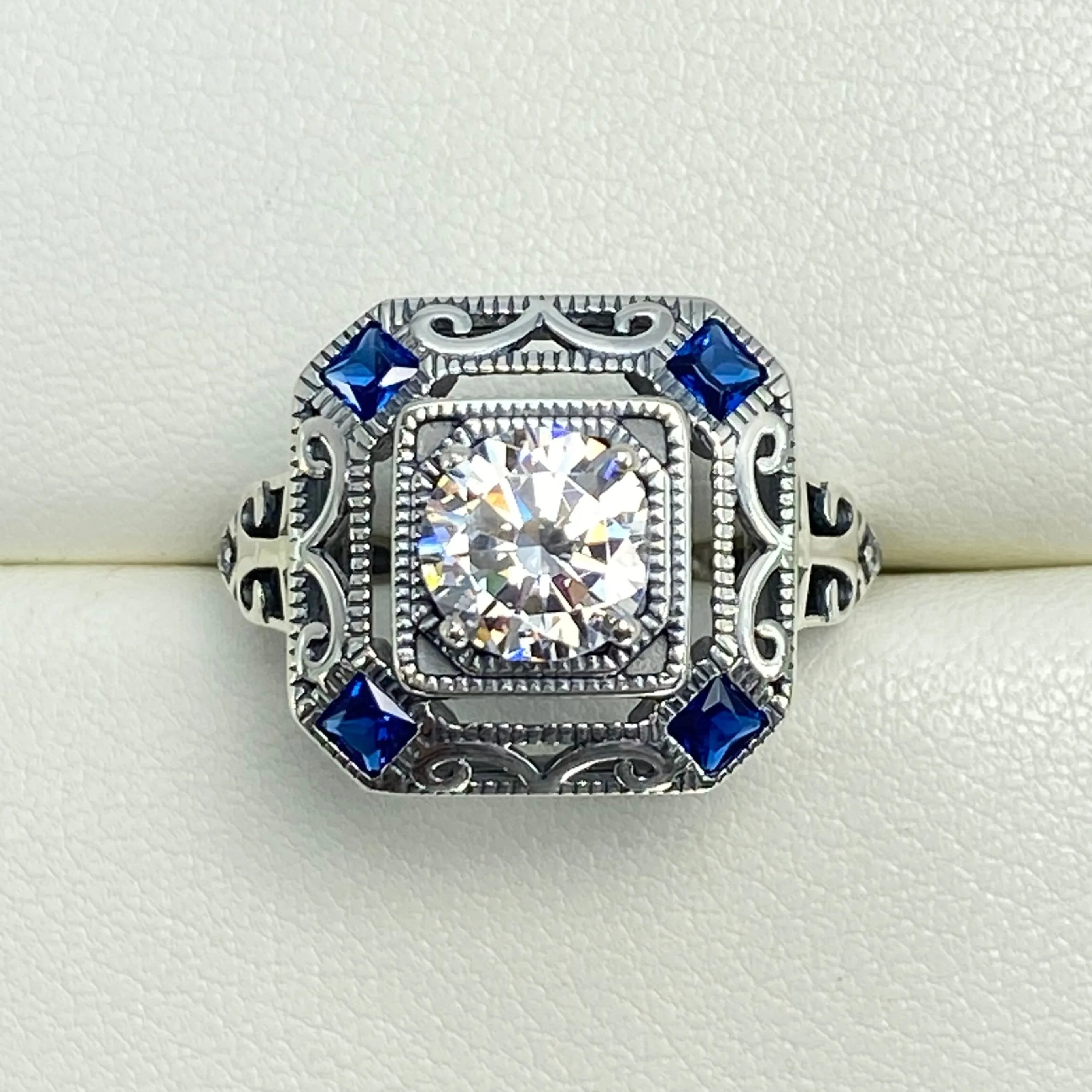 Art Deco Ring, Blue Sapphire Vintage Revival Jewelry #D68