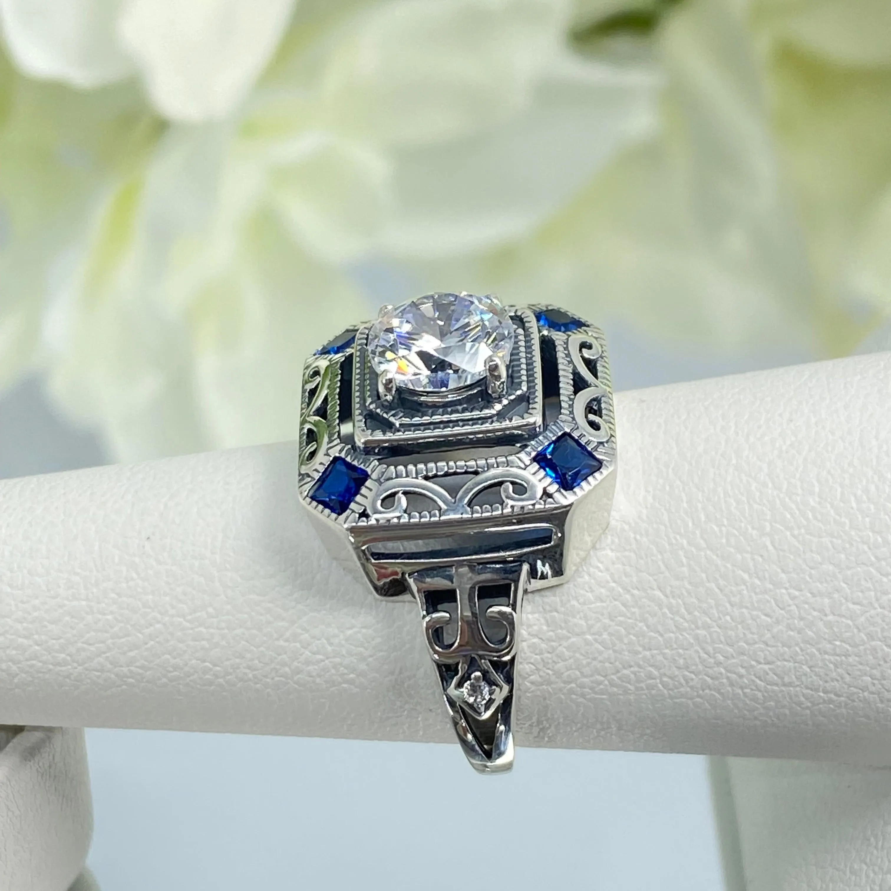 Art Deco Ring, Blue Sapphire Vintage Revival Jewelry #D68
