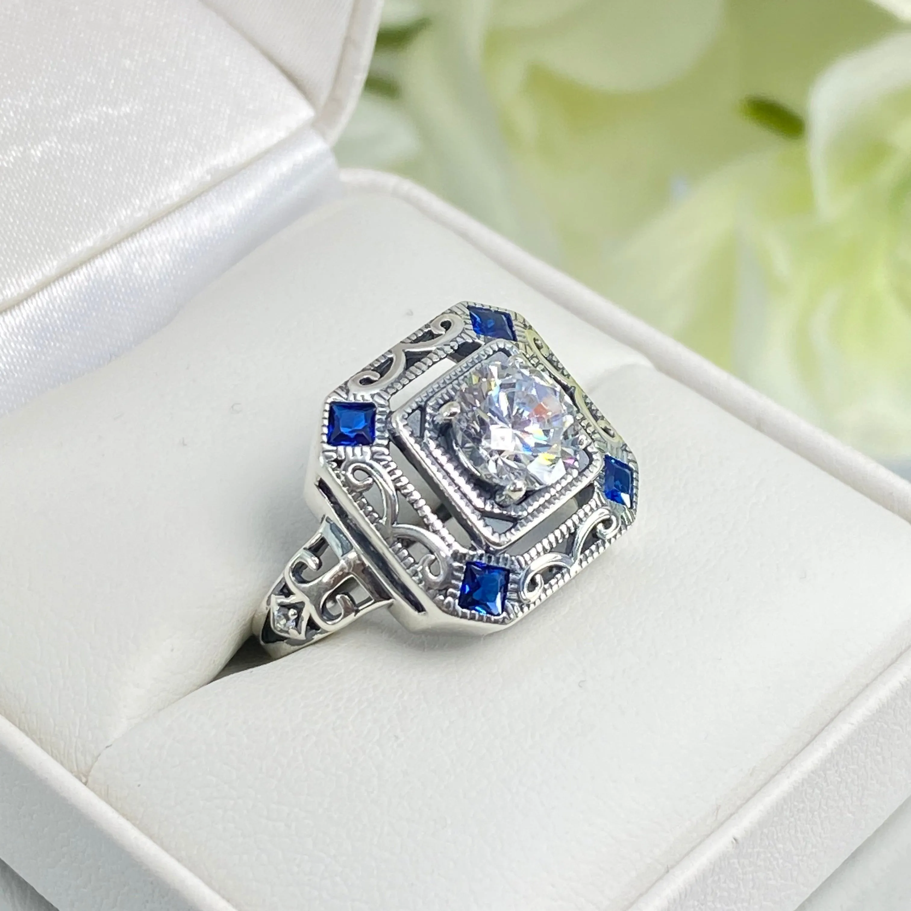 Art Deco Ring, Blue Sapphire Vintage Revival Jewelry #D68