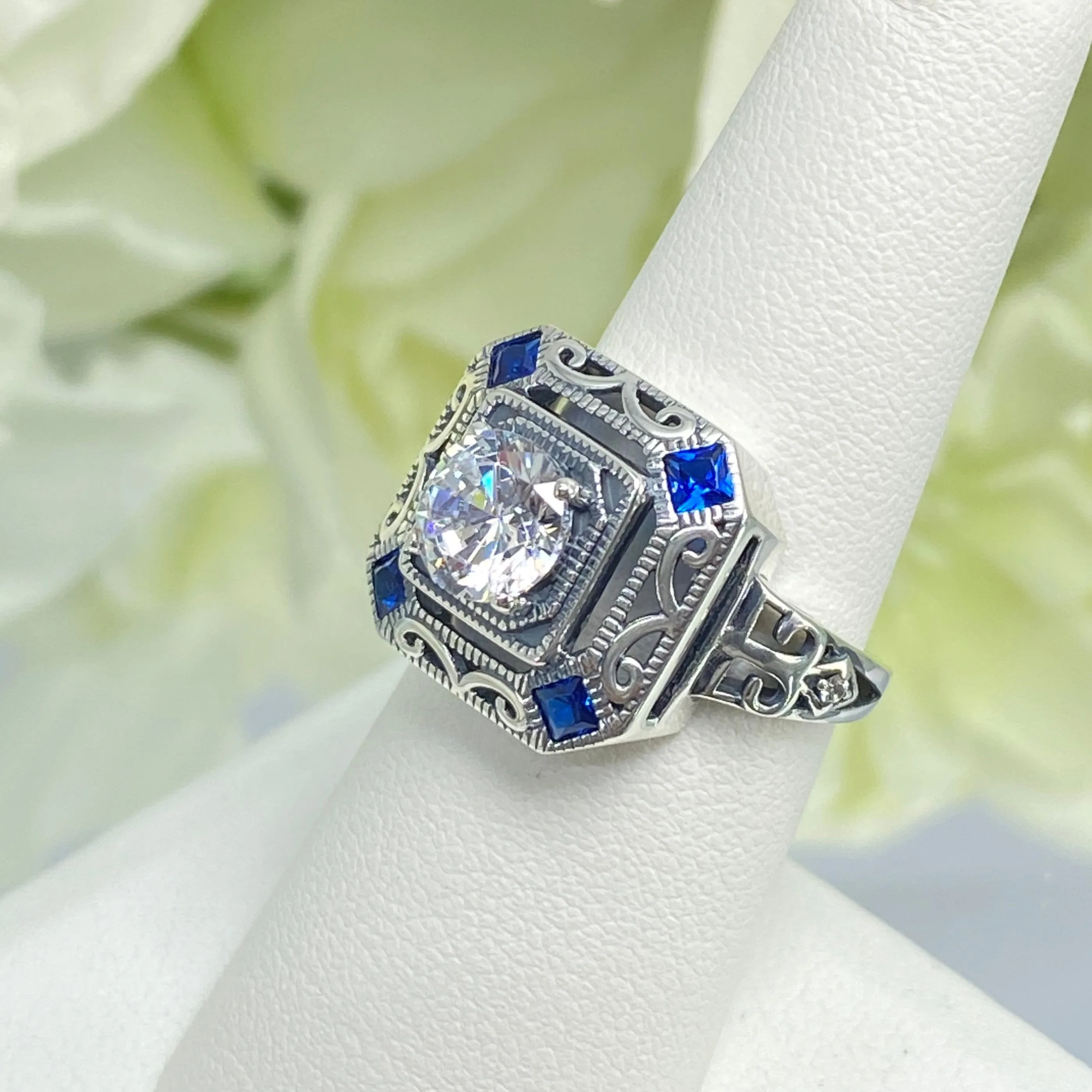 Art Deco Ring, Blue Sapphire Vintage Revival Jewelry #D68
