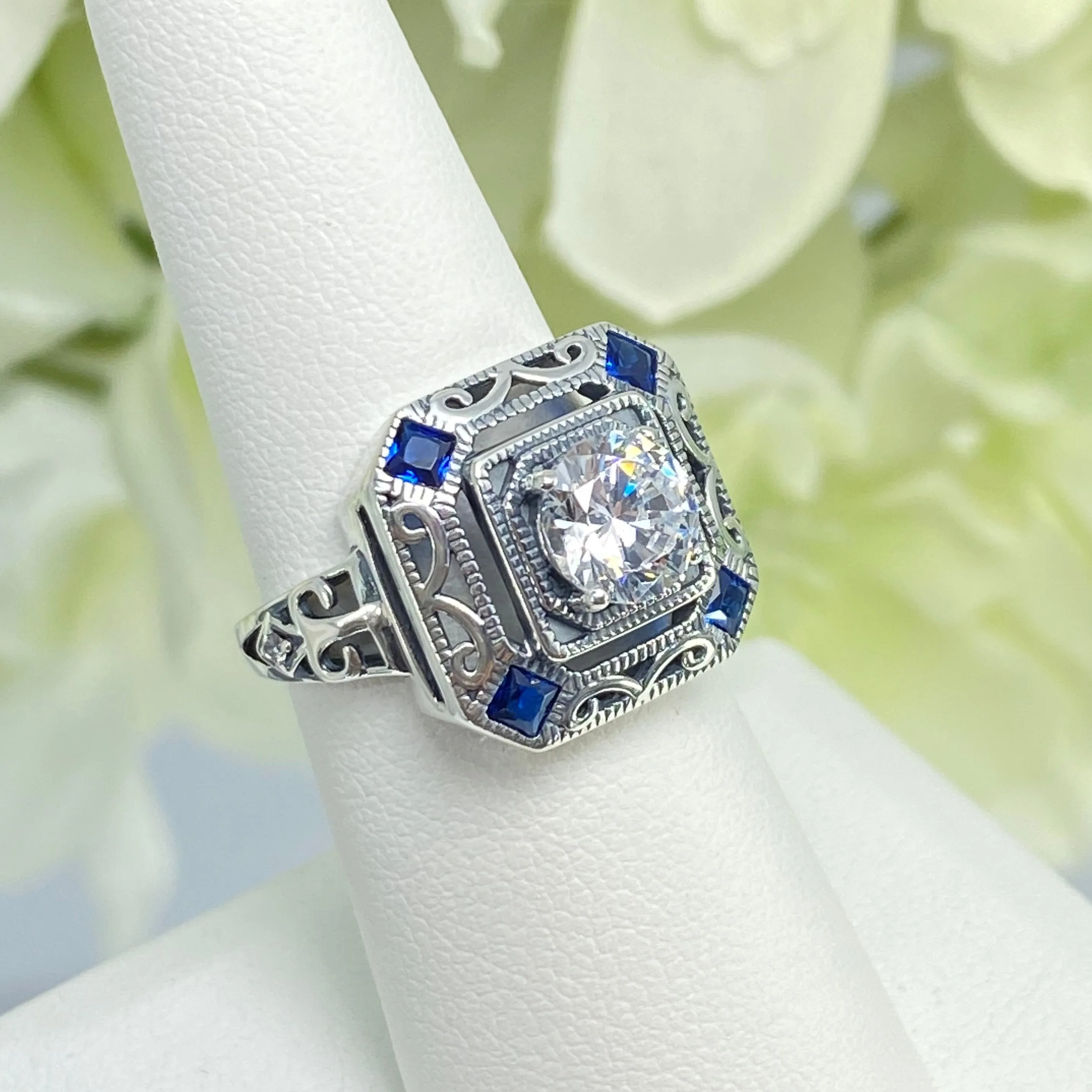 Art Deco Ring, Blue Sapphire Vintage Revival Jewelry #D68