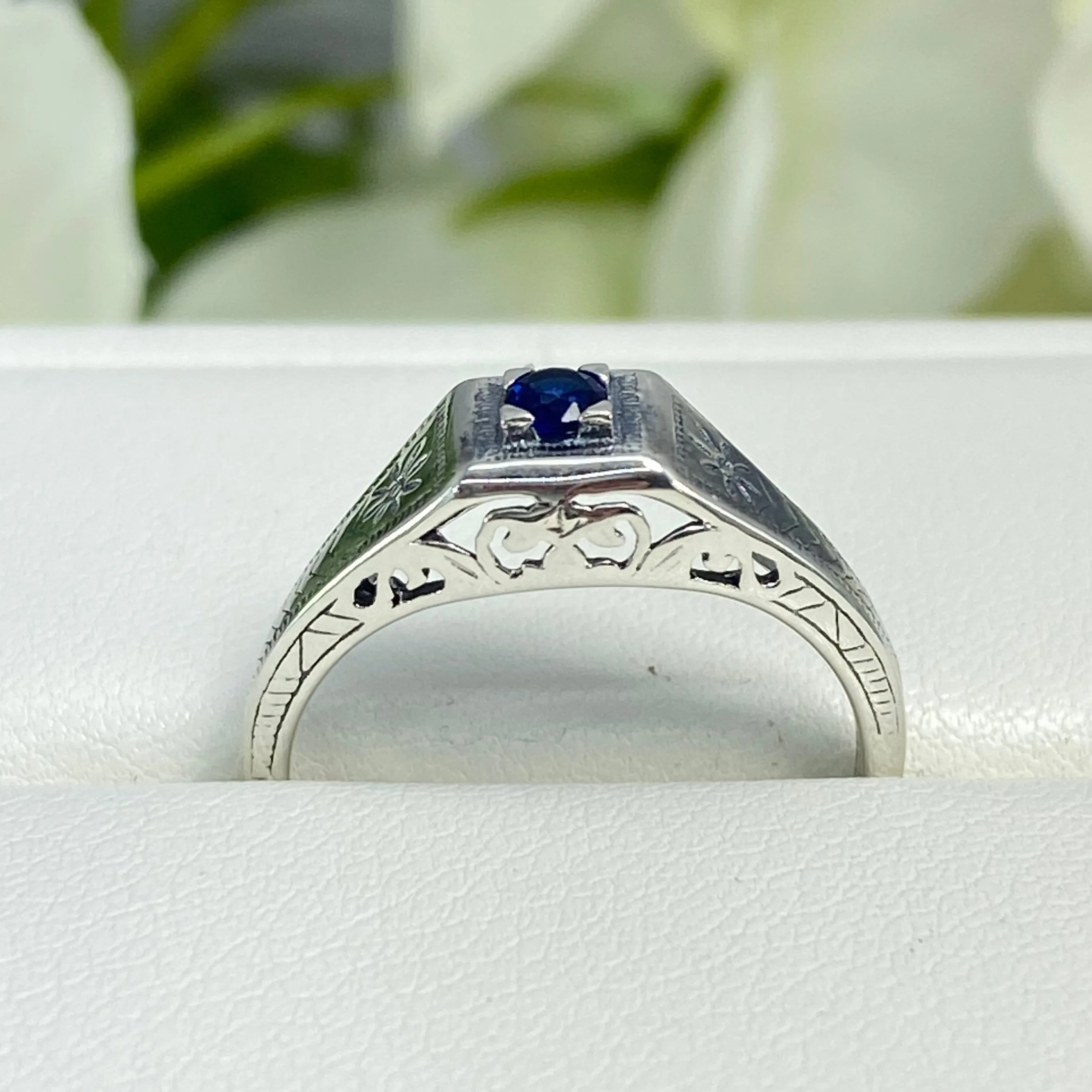 Art Deco Ring, Size 7.5, Sapphire Blue Gem, Antique Wedding Jewelry #D155 - Ready to Ship