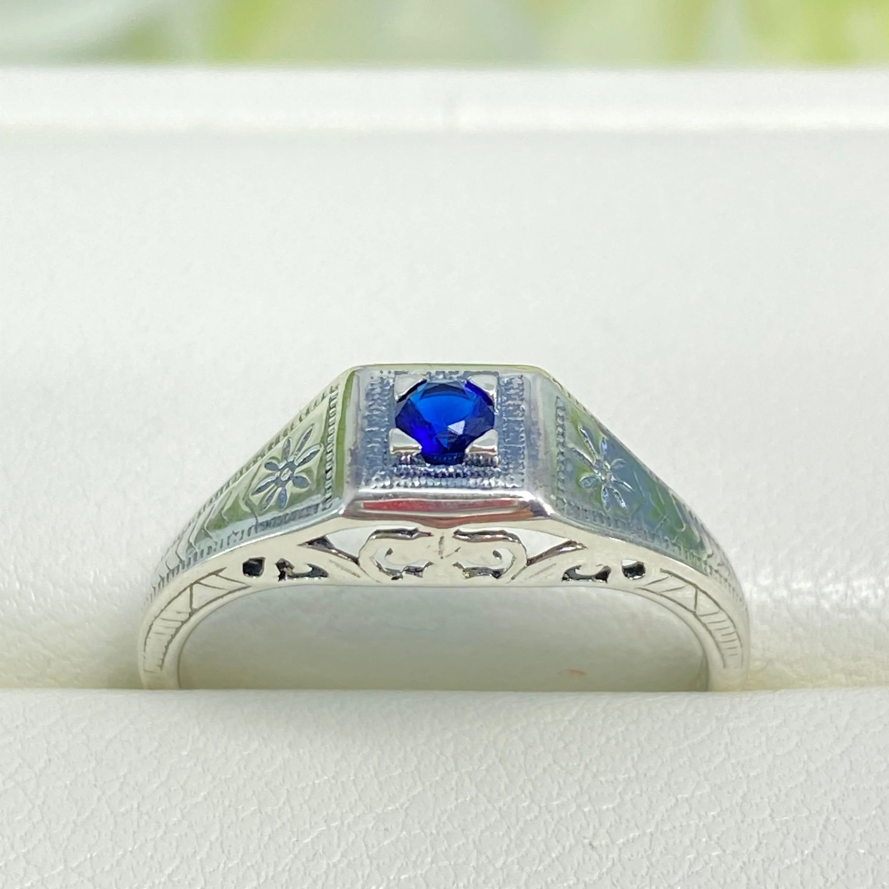 Art Deco Ring, Size 7.5, Sapphire Blue Gem, Antique Wedding Jewelry #D155 - Ready to Ship