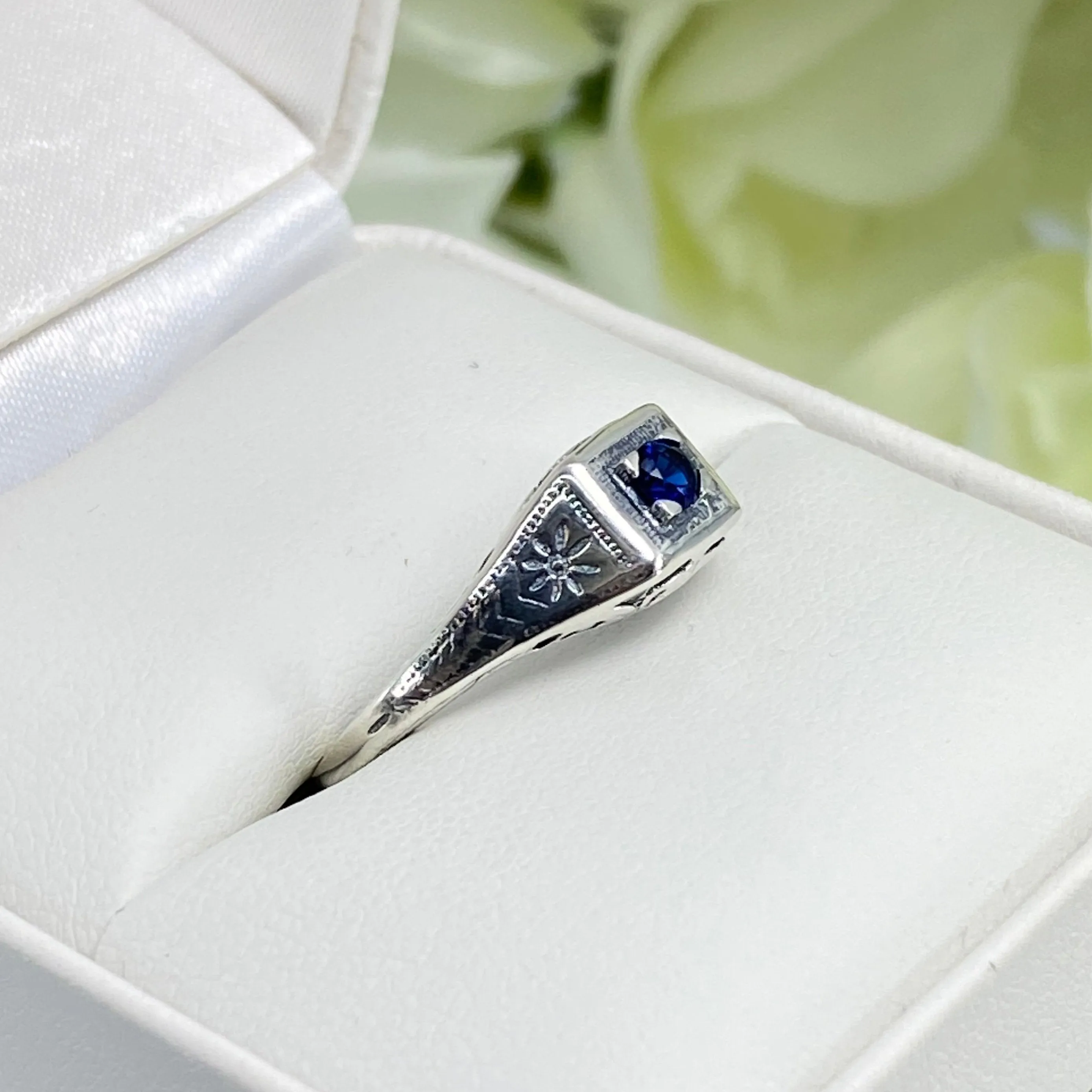 Art Deco Ring, Size 7.5, Sapphire Blue Gem, Antique Wedding Jewelry #D155 - Ready to Ship