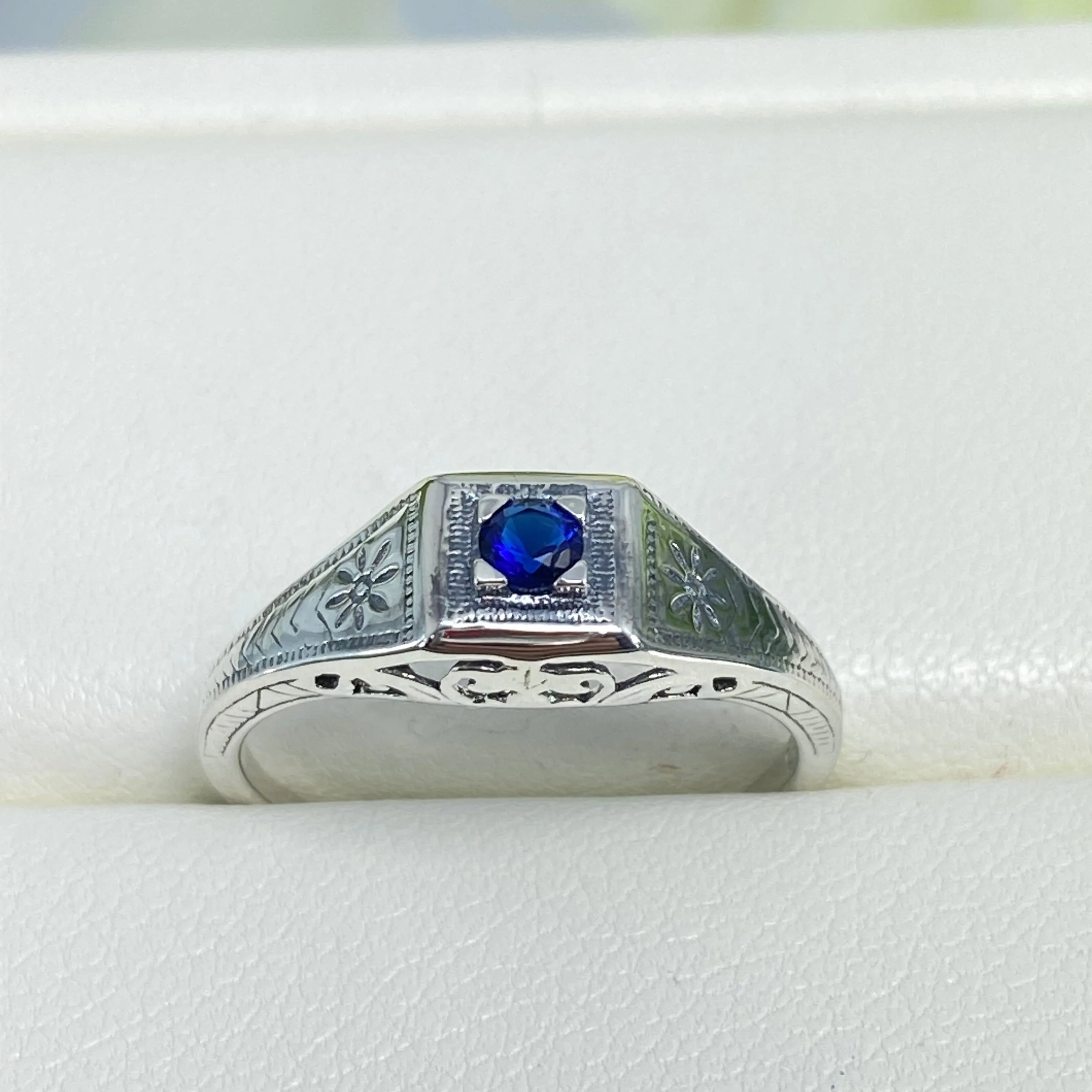 Art Deco Ring, Size 7.5, Sapphire Blue Gem, Antique Wedding Jewelry #D155 - Ready to Ship