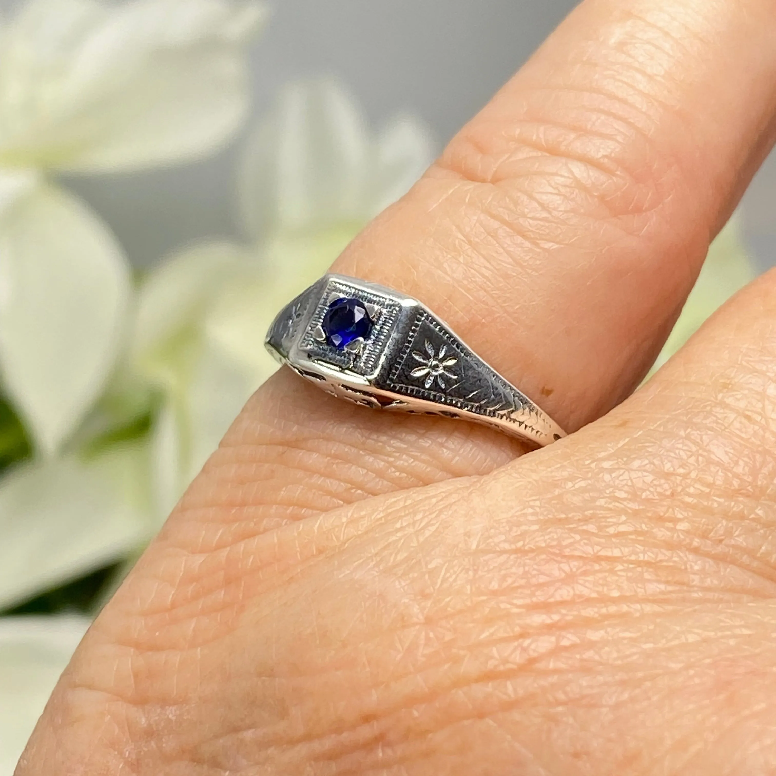 Art Deco Ring, Size 7.5, Sapphire Blue Gem, Antique Wedding Jewelry #D155 - Ready to Ship