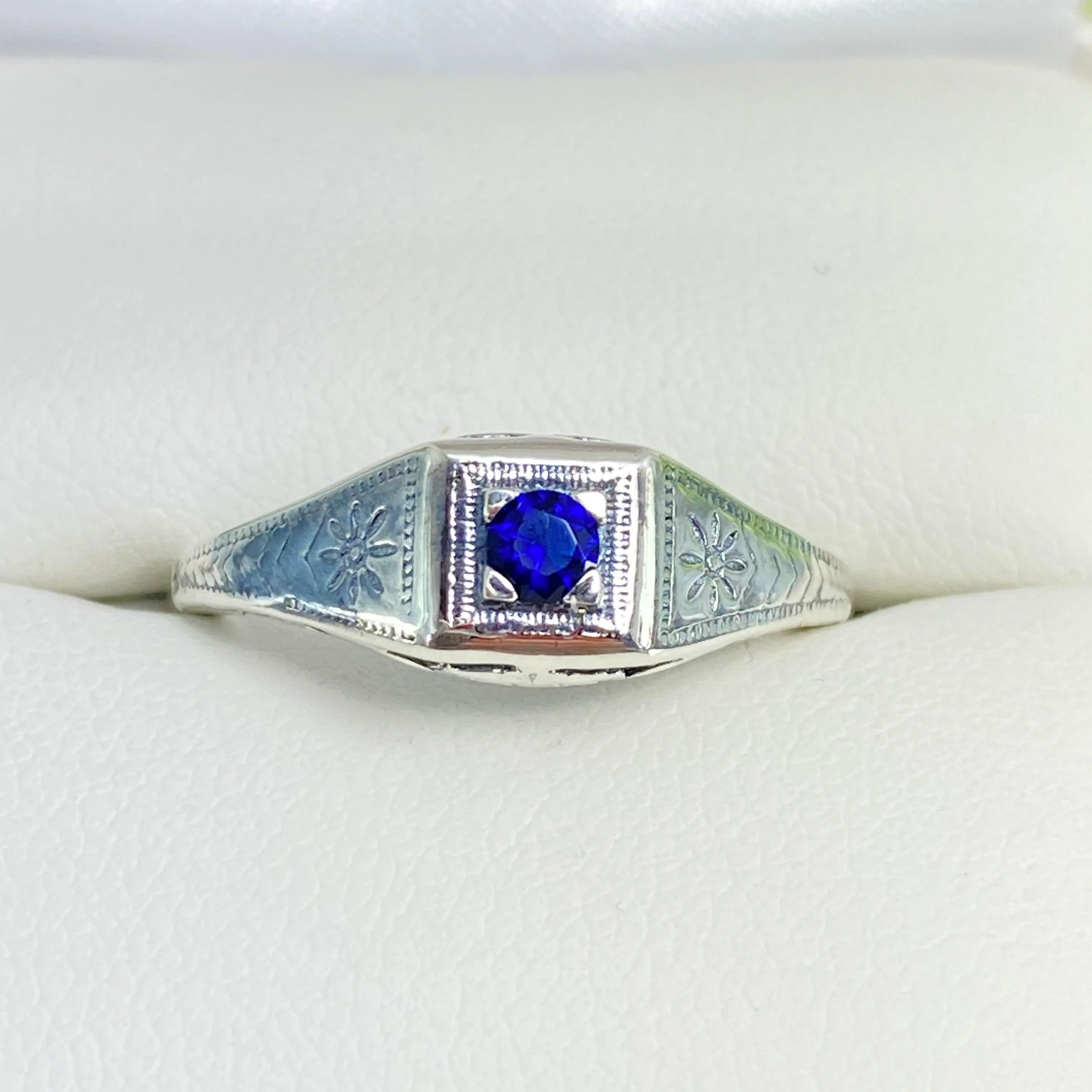Art Deco Ring, Size 7.5, Sapphire Blue Gem, Antique Wedding Jewelry #D155 - Ready to Ship