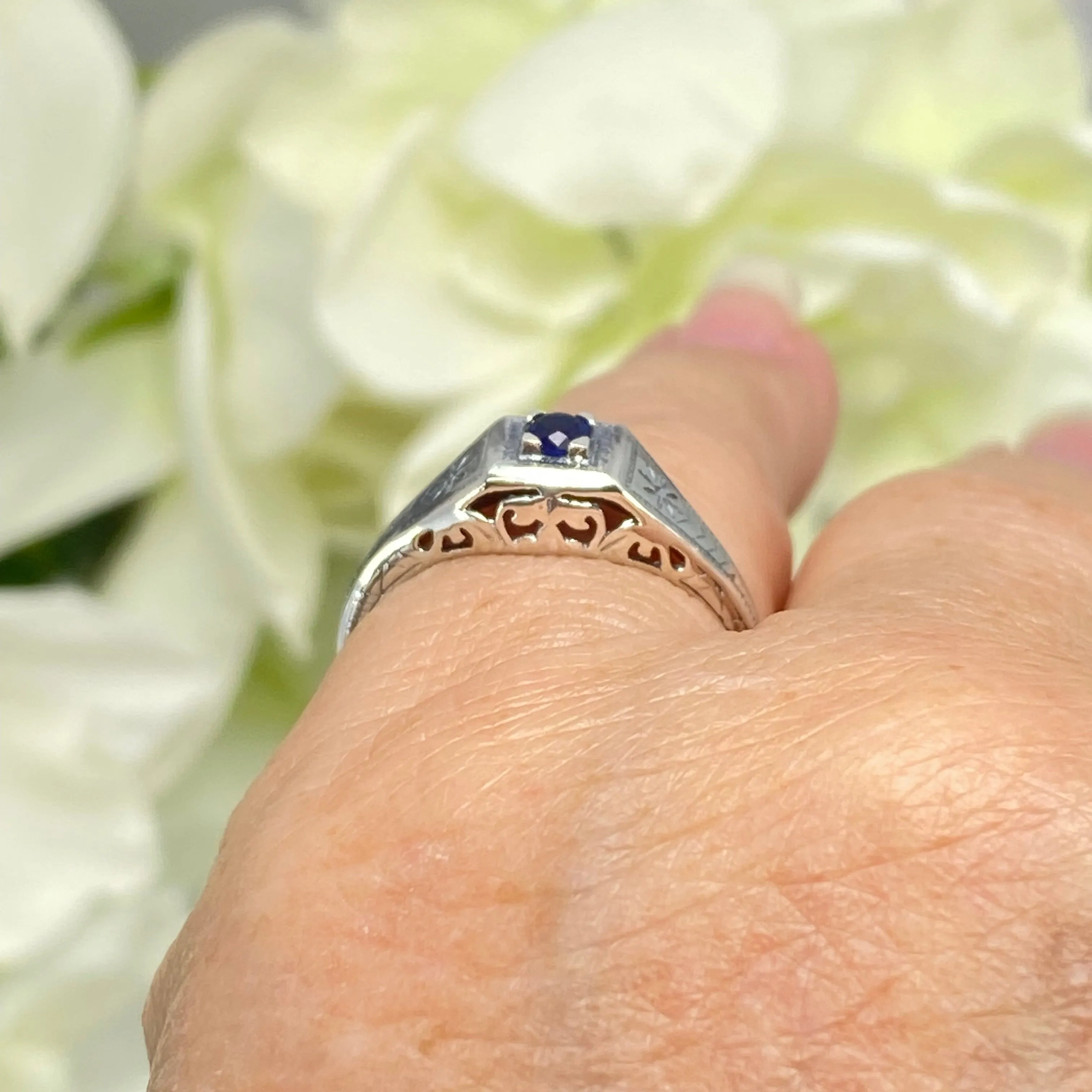 Art Deco Ring, Size 7.5, Sapphire Blue Gem, Antique Wedding Jewelry #D155 - Ready to Ship