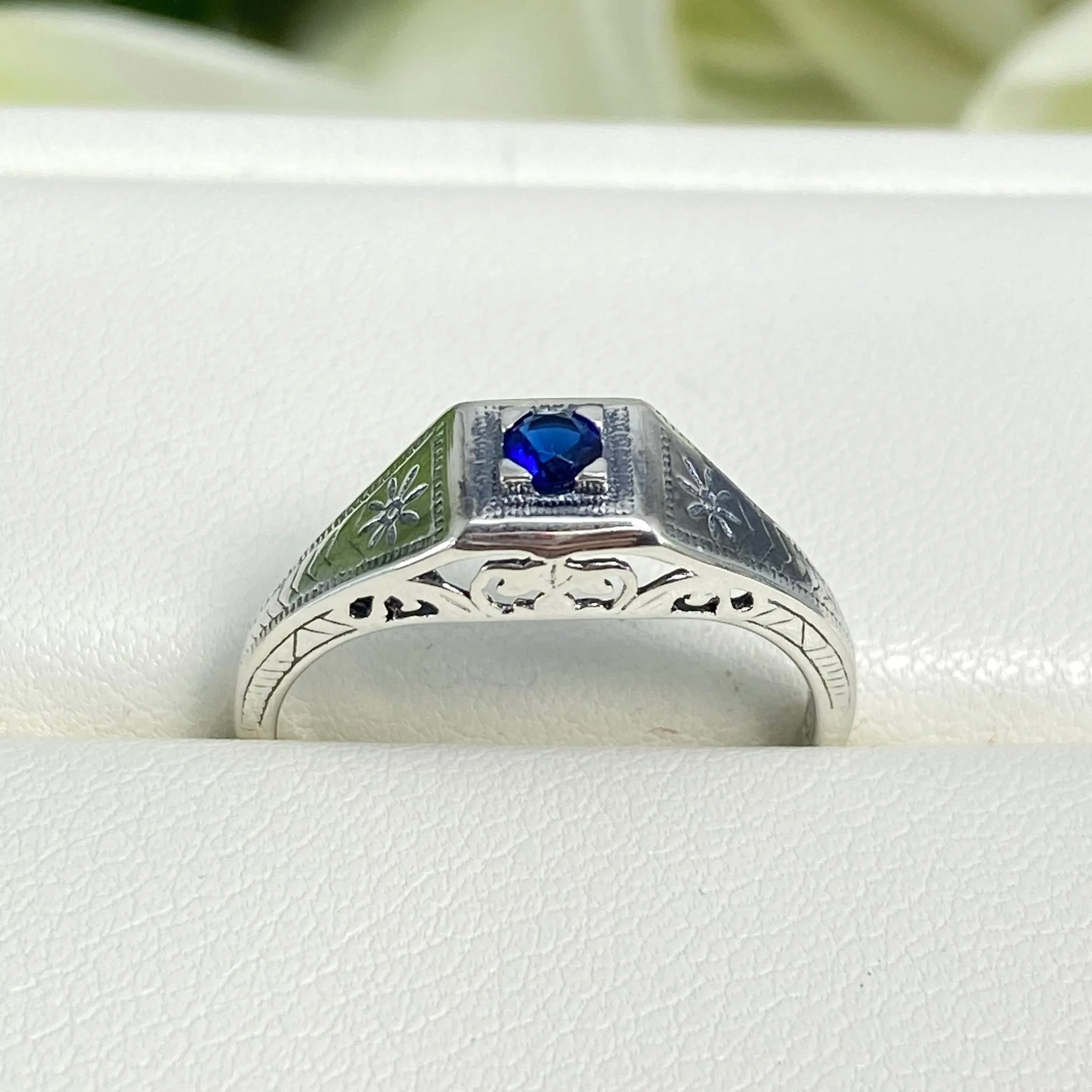 Art Deco Ring, Size 7.5, Sapphire Blue Gem, Antique Wedding Jewelry #D155 - Ready to Ship