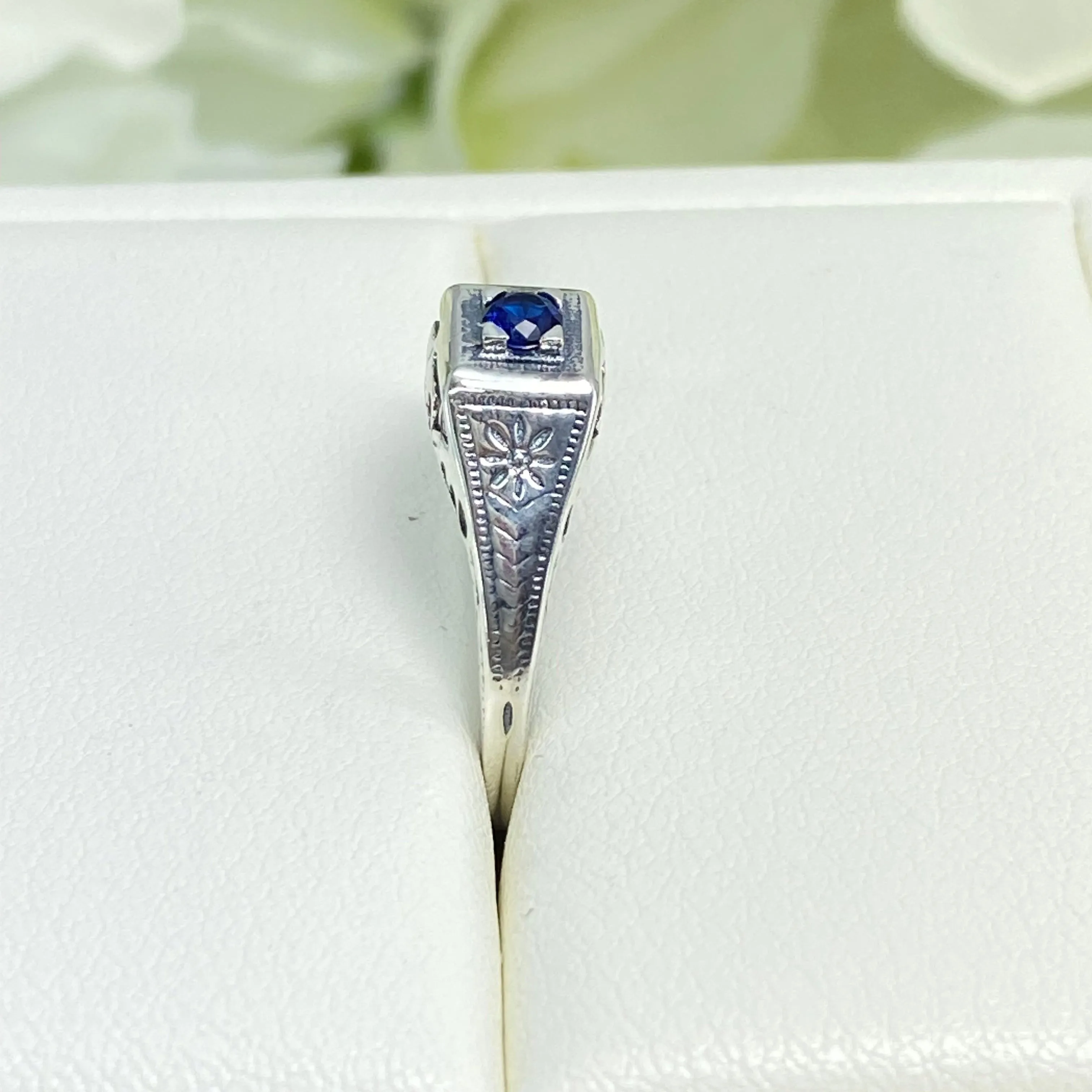 Art Deco Ring, Size 7.5, Sapphire Blue Gem, Antique Wedding Jewelry #D155 - Ready to Ship