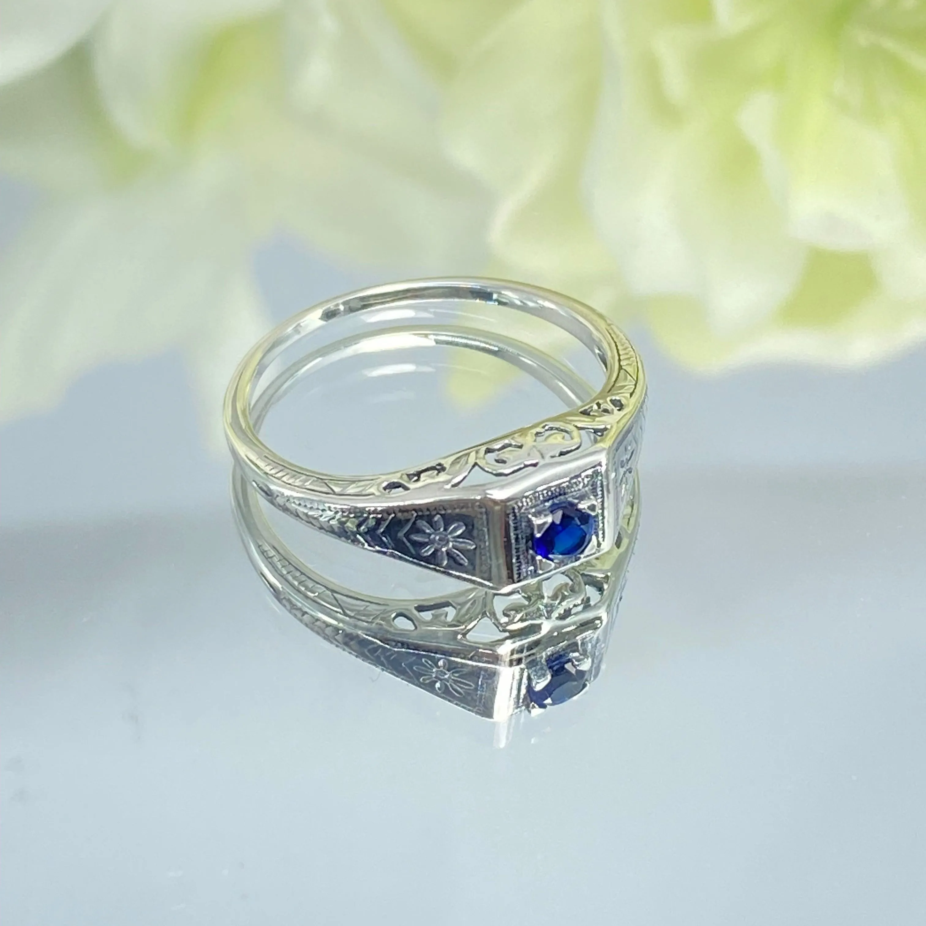 Art Deco Ring, Size 7.5, Sapphire Blue Gem, Antique Wedding Jewelry #D155 - Ready to Ship