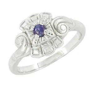 Art Deco Scroll Sapphire Cocktail Ring in 14 Karat White Gold