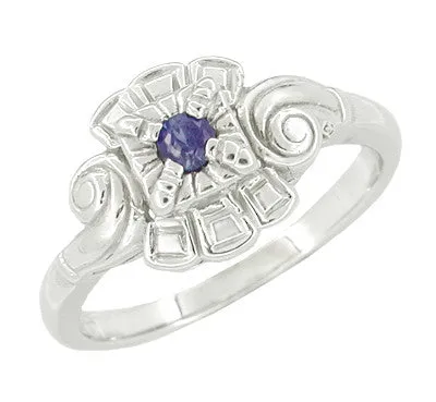 Art Deco Scroll Sapphire Cocktail Ring in 14 Karat White Gold