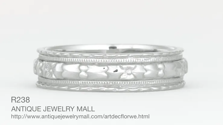 Art Deco Sculptural Floral Wedding Ring in White Gold - 5mm Wide