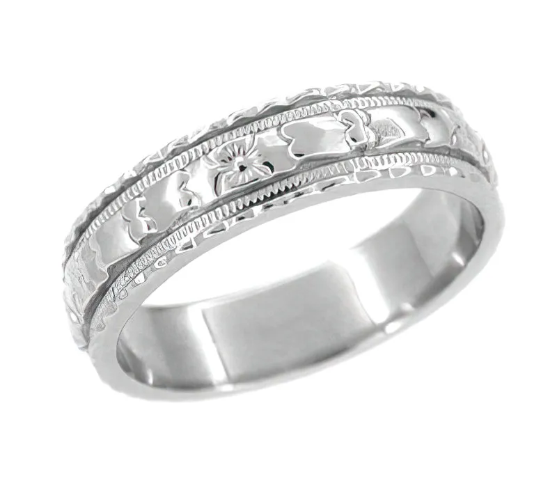 Art Deco Sculptural Floral Wedding Ring in White Gold - 5mm Wide
