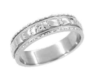 Art Deco Sculptural Floral Wedding Ring in White Gold - 5mm Wide
