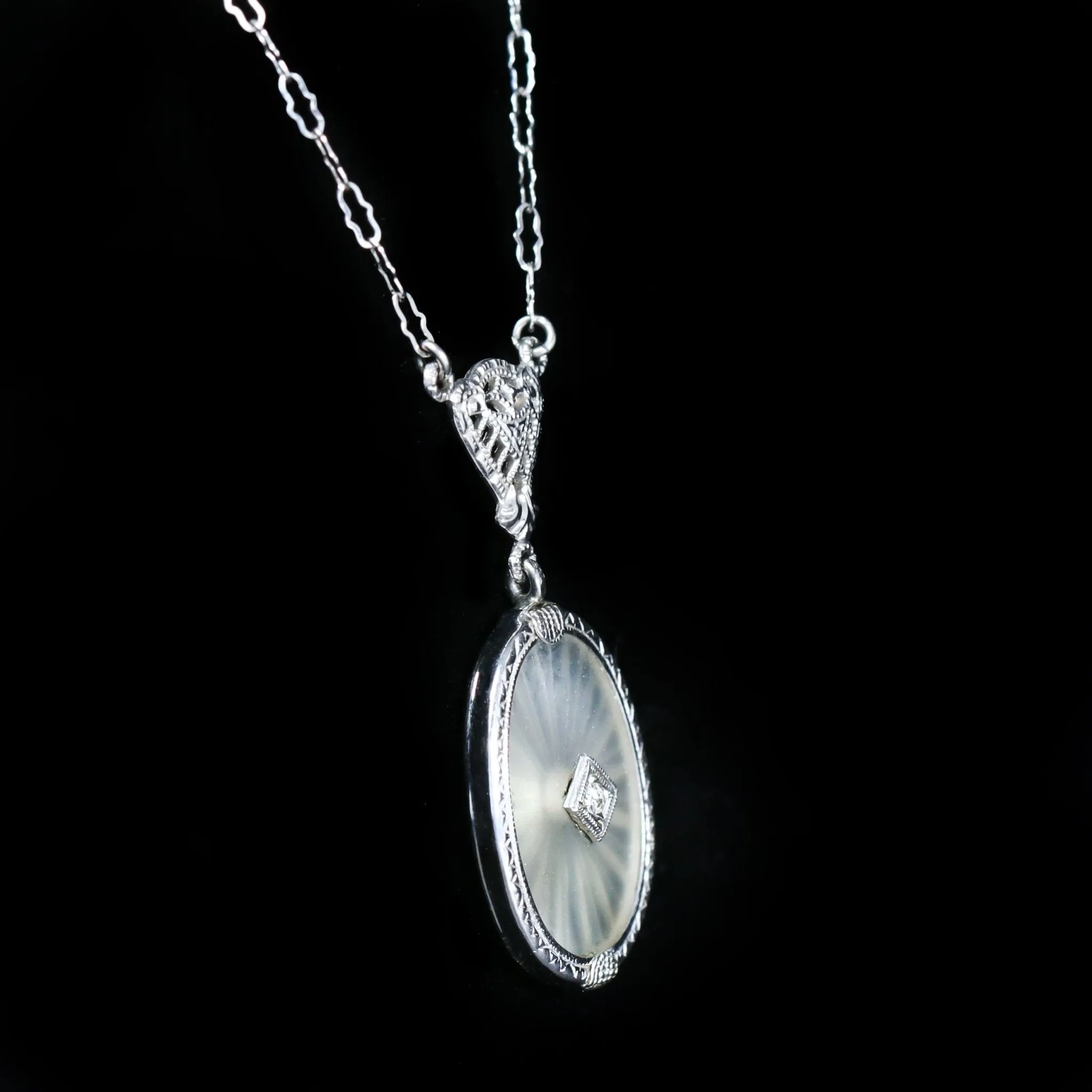 Art Deco Single Cut Diamond and Camphor Glass Necklace