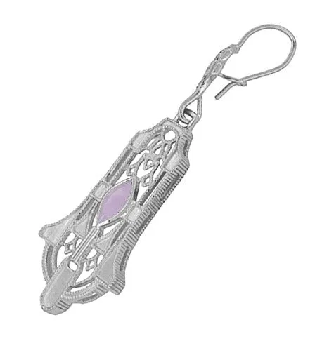 Art Deco Sterling Silver Rose de France Amethyst Dangling Filigree Earrings