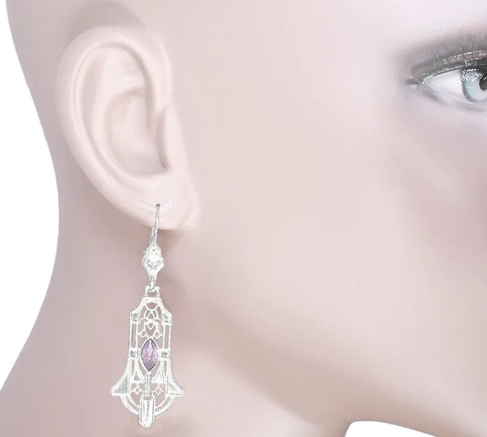 Art Deco Sterling Silver Rose de France Amethyst Dangling Filigree Earrings