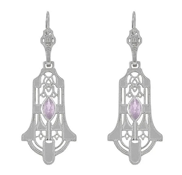 Art Deco Sterling Silver Rose de France Amethyst Dangling Filigree Earrings
