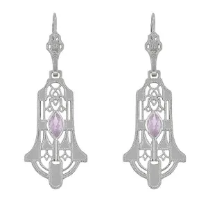 Art Deco Sterling Silver Rose de France Amethyst Dangling Filigree Earrings