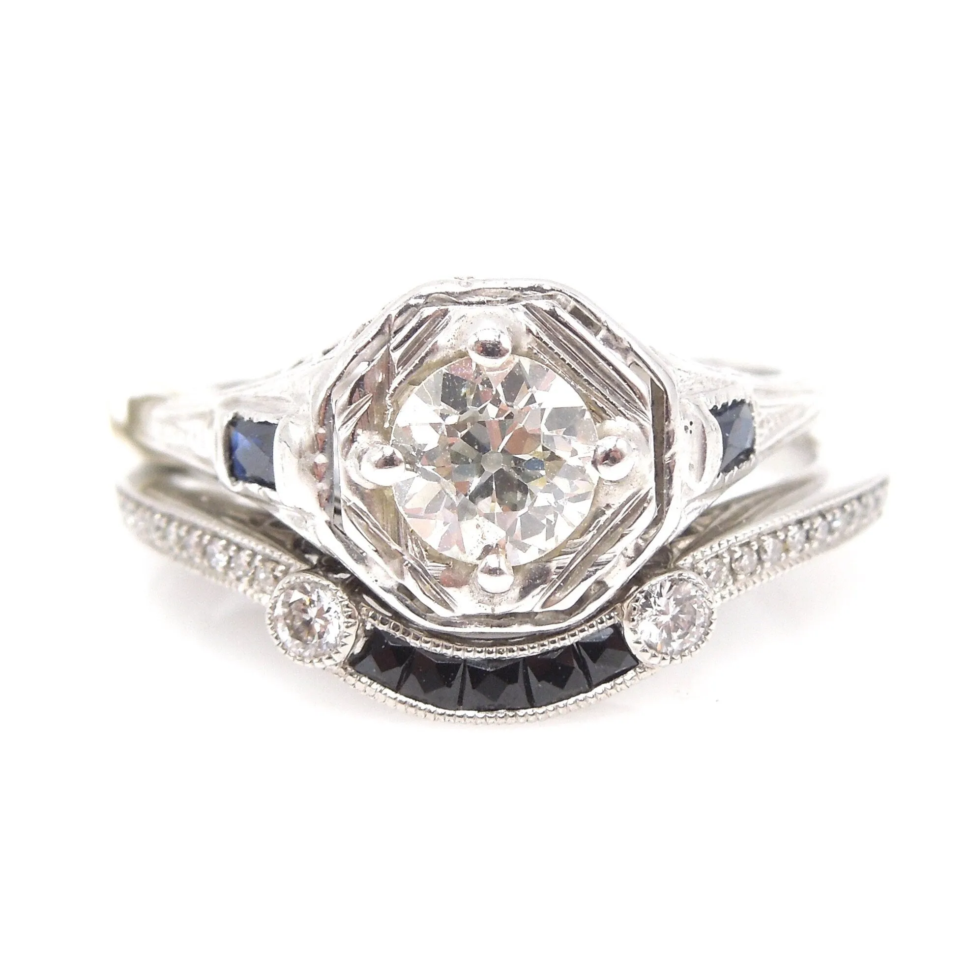 Art Deco Style Black Onyx and Diamond Contoured Curved Band in Platinum