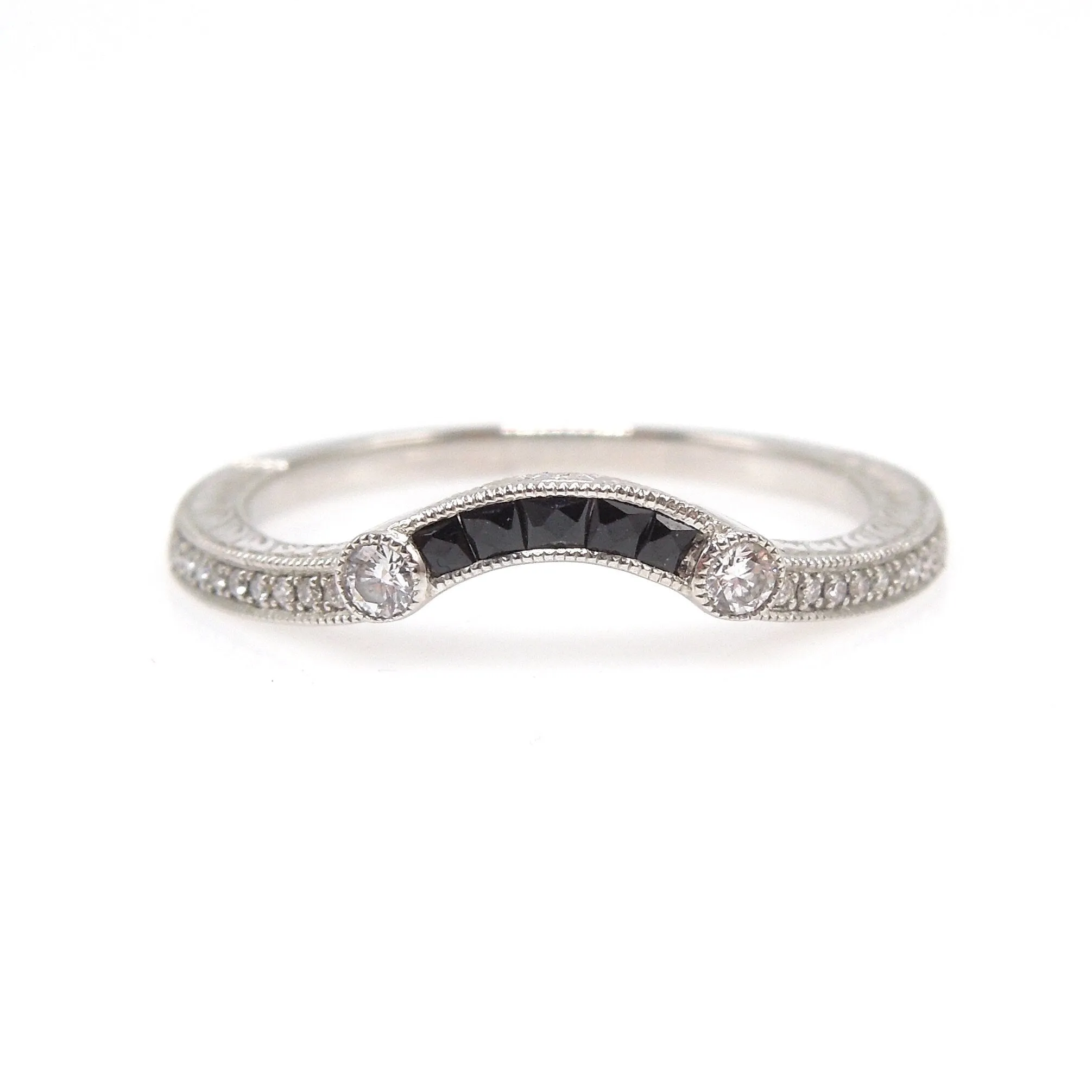 Art Deco Style Black Onyx and Diamond Contoured Curved Band in Platinum